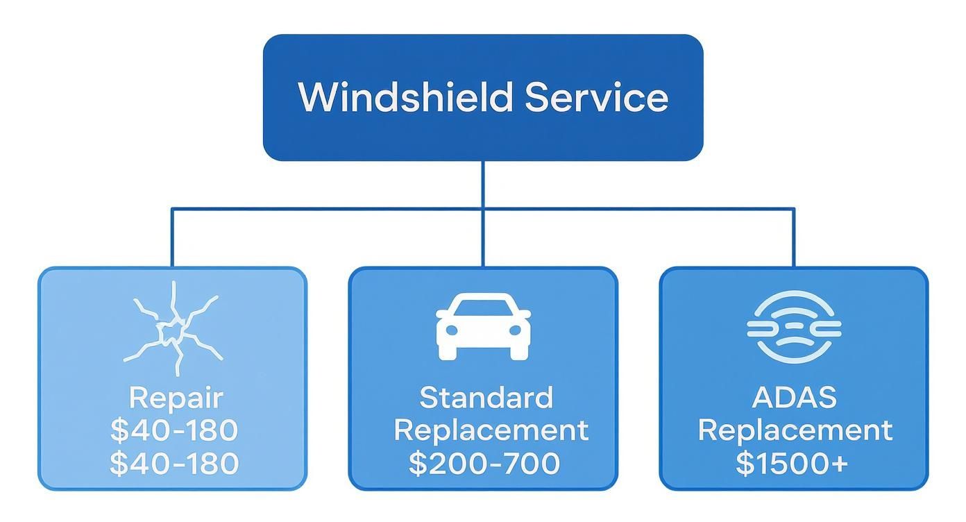 Flowchart displaying windshield service options: repair, standard replacement, and ADAS replacement, with costs.