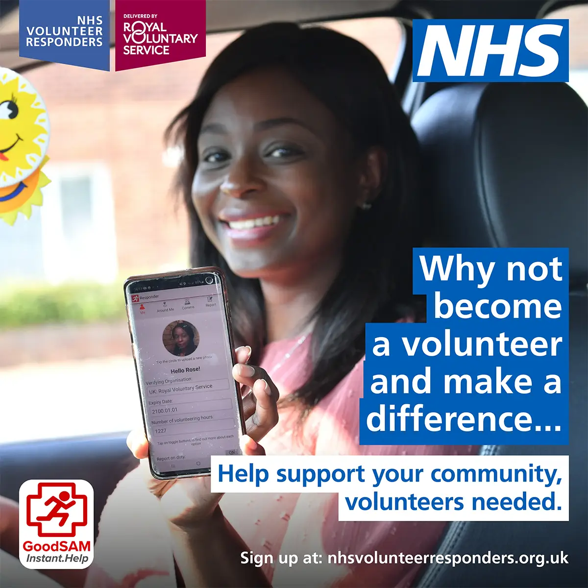 NHS Volunteer Responder Rose holding phone with GoodSAM app, showcasing Royal Voluntary Service community support