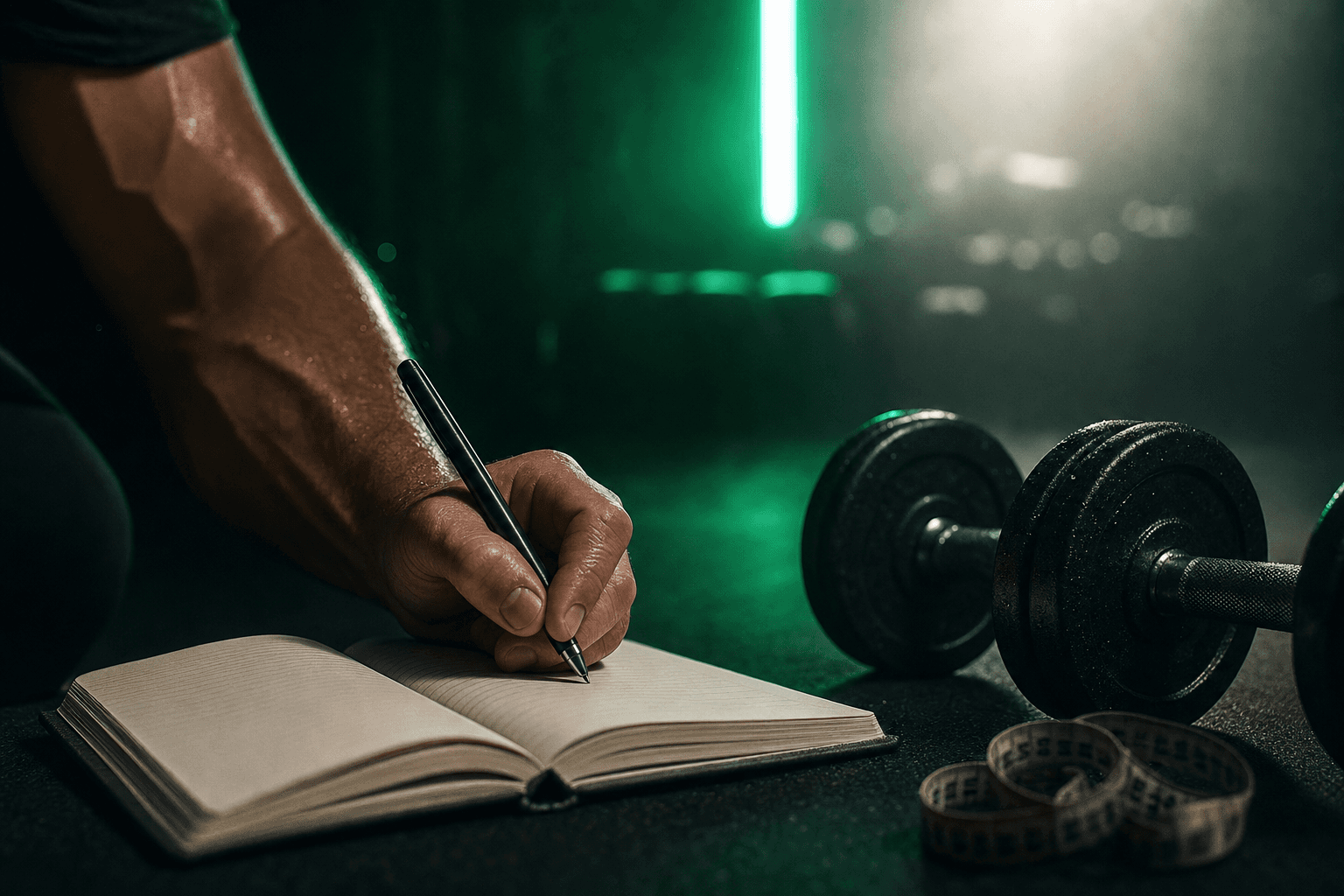 Workout log beside dumbbells showing how lifters compare strength progress and muscle growth