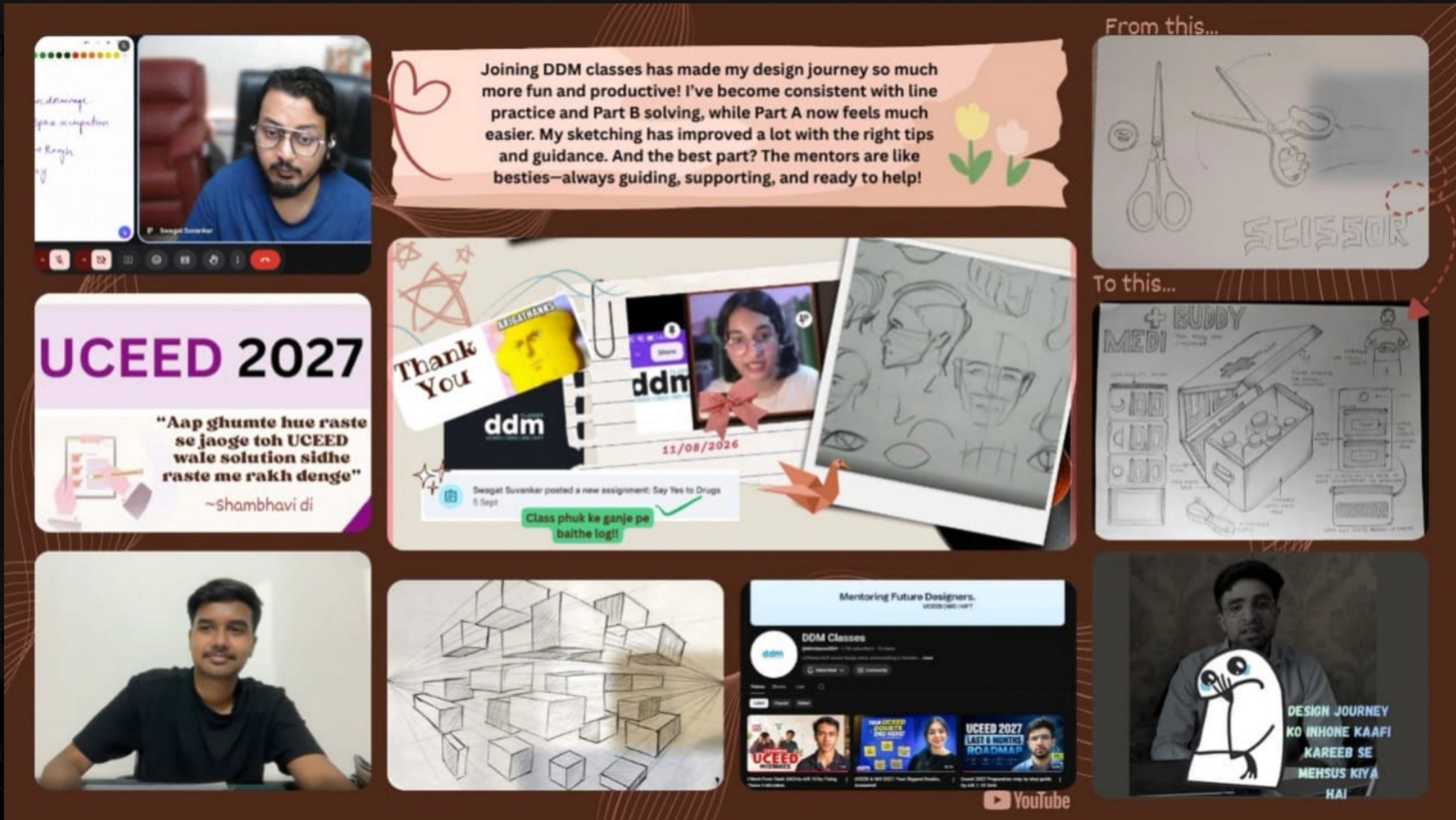 Collage made by a DDM student with class moments, sketches and a note about the mentors