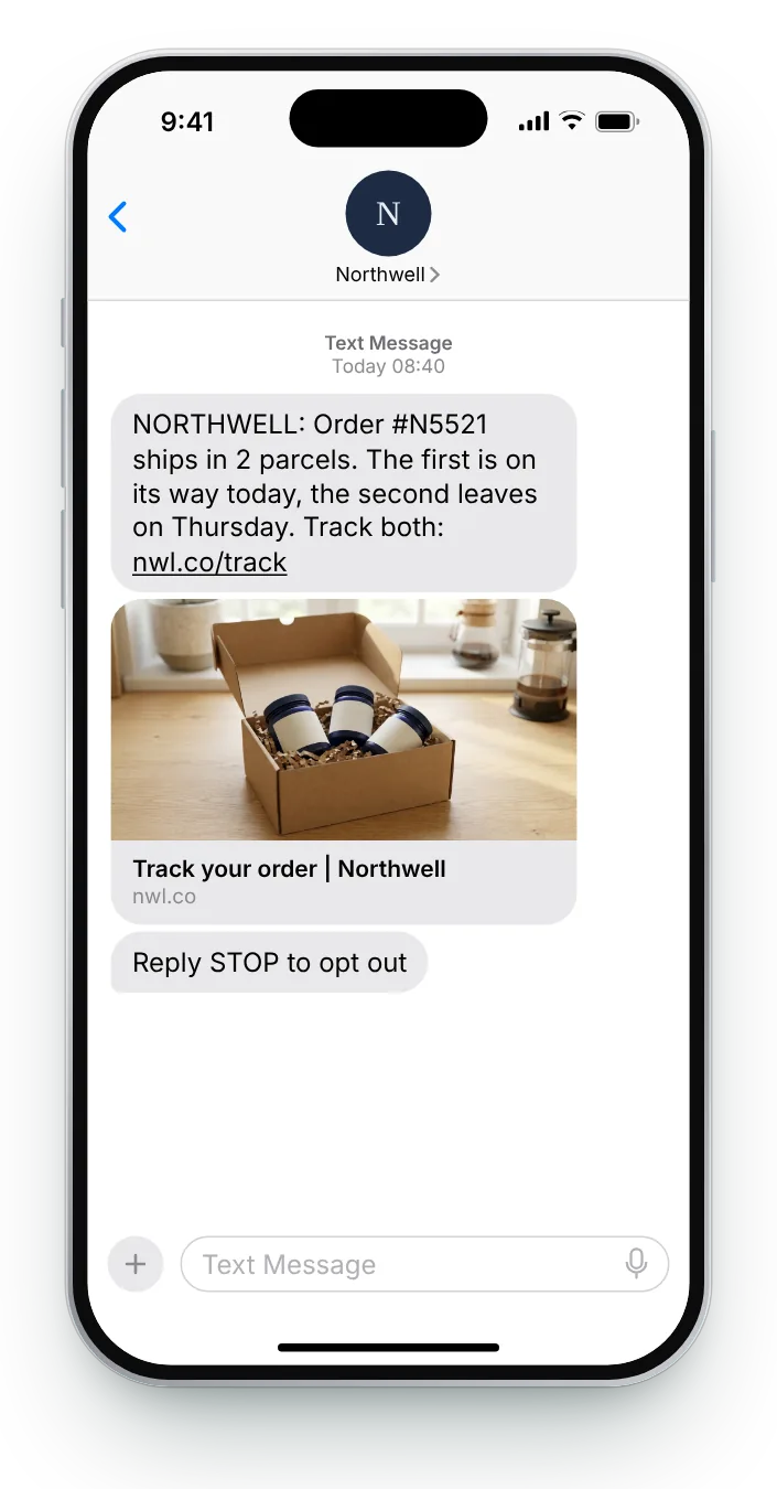 Order shipped in two parcels transactional SMS on an iPhone