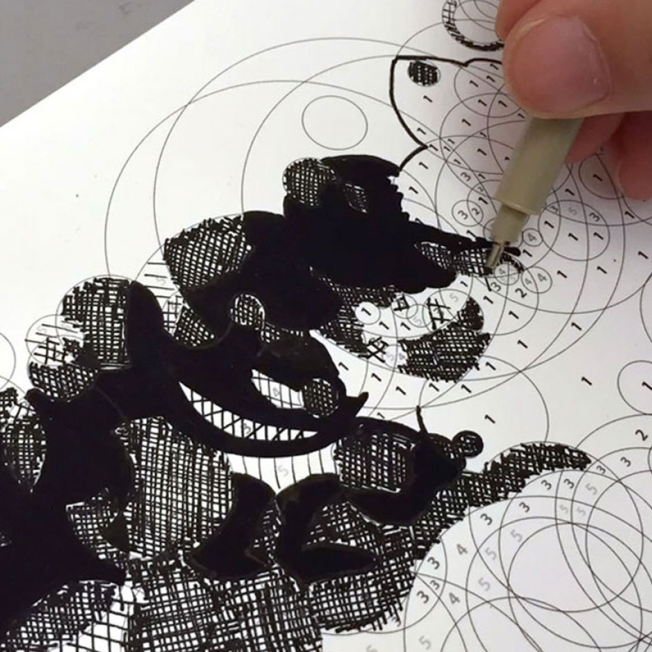 Black and white conceptual artwork depicting a stylized view of the Moon with vertical texture and shade divisions.