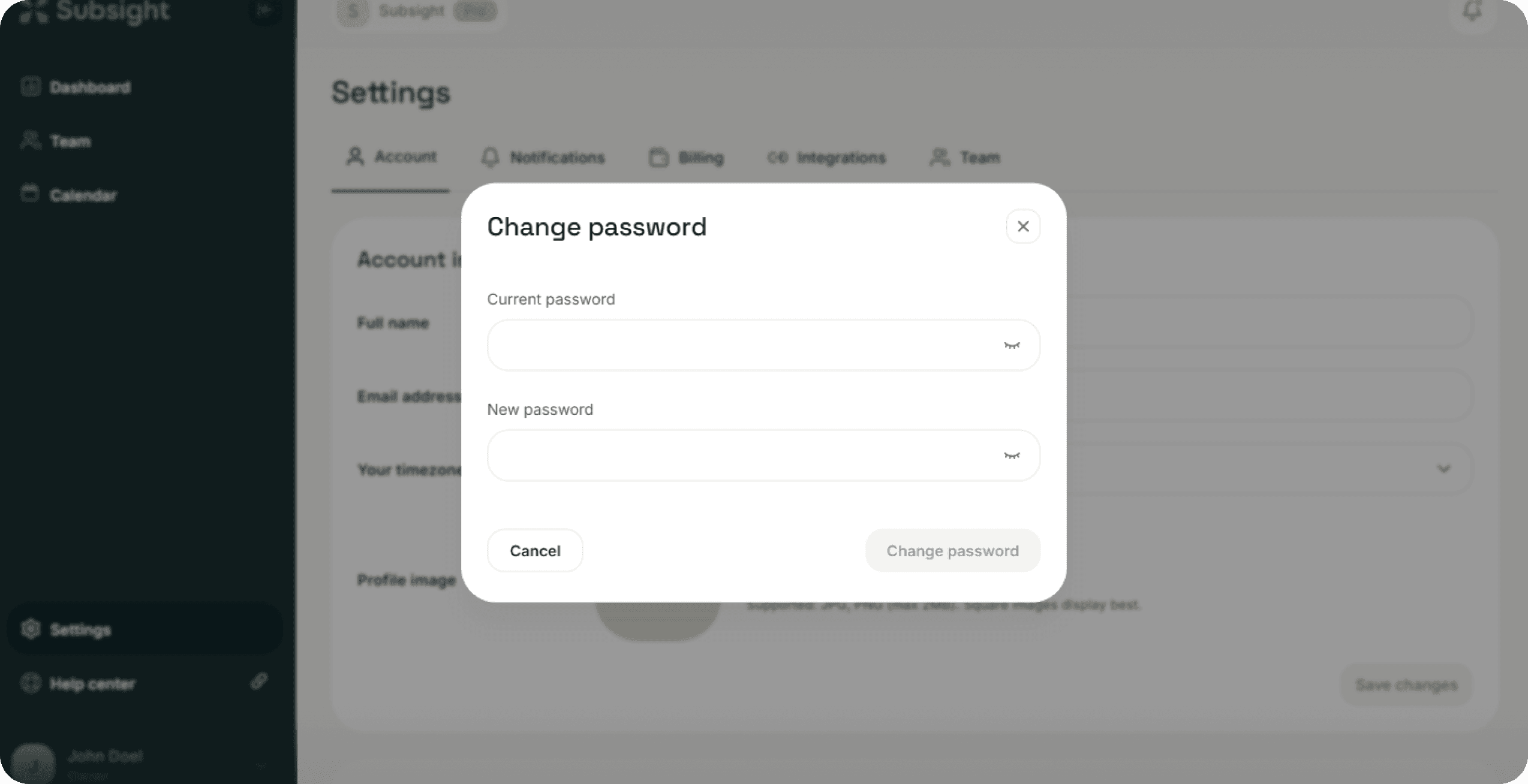 Subsight change password modal with current and new password fields.