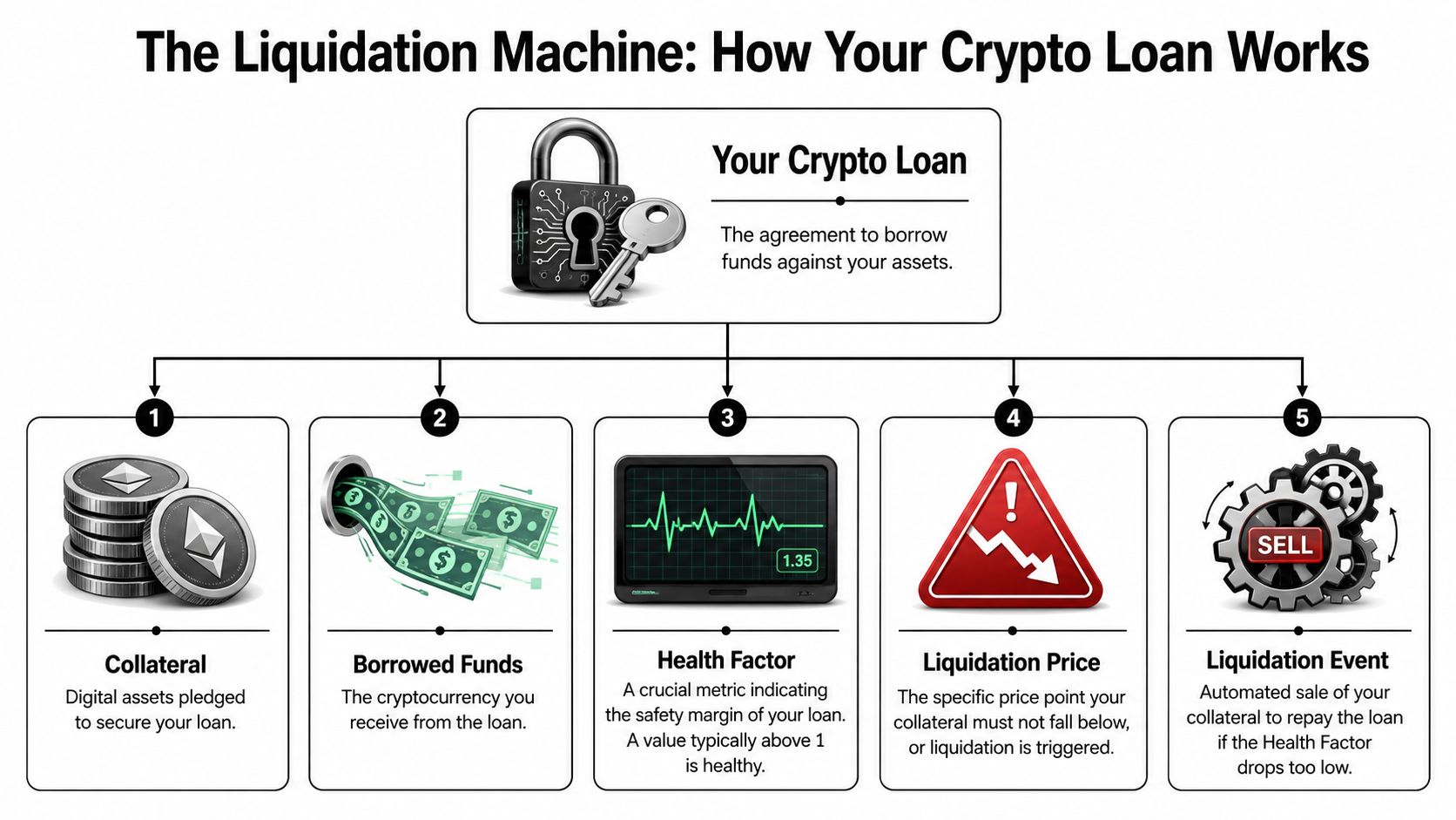 An infographic diagram explaining the five steps of a cryptocurrency liquidation machine process for loans.