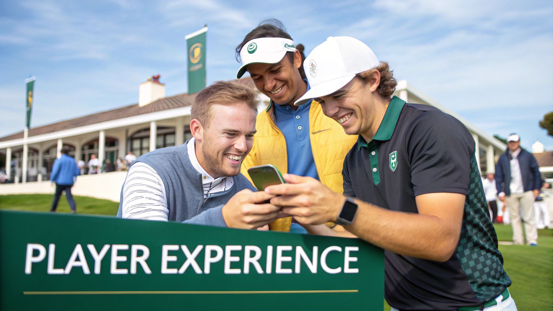 Three happy golfers look at a smartphone on a sunny day at a golf course, 'PLAYER EXPERIENCE' sign.