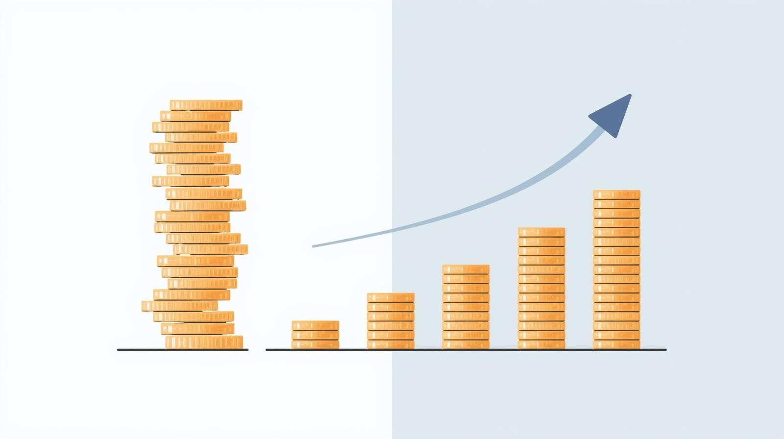 Flat vector illustration showing a tall, unstable stack of coins on one side and several smaller, balanced stacks on the other, connected by a smooth upward arrow. Minimalistic, startup color palette, no text.