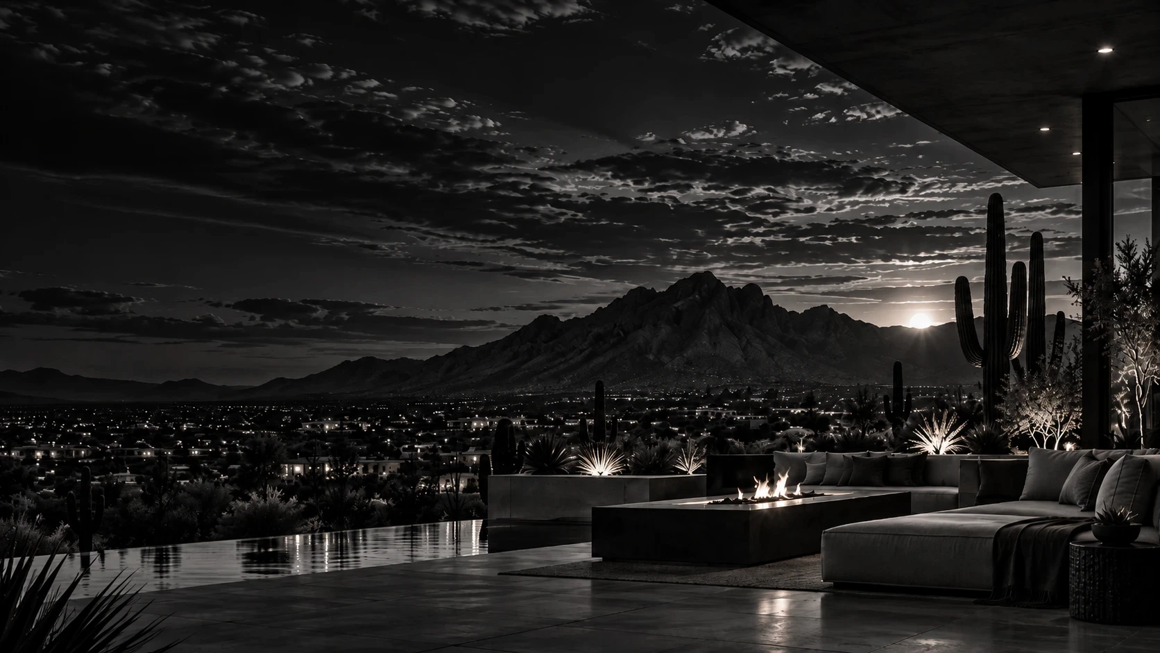 Modern desert terrace at night with a fire table, saguaro cacti and mountain views over the Arizona valley