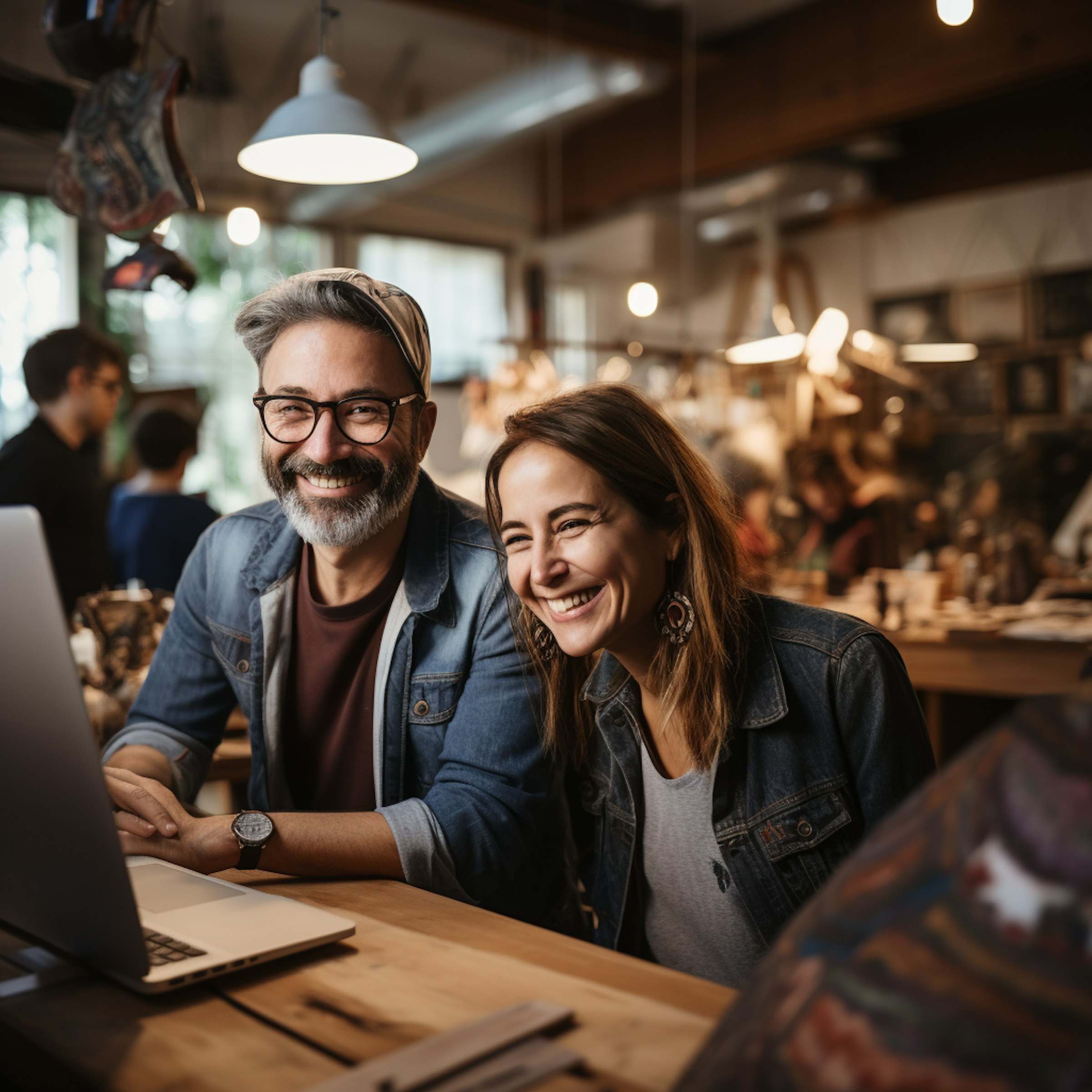 Smiling father and daughter sit at a wooden table, working on a laptop together in a coffee shop.