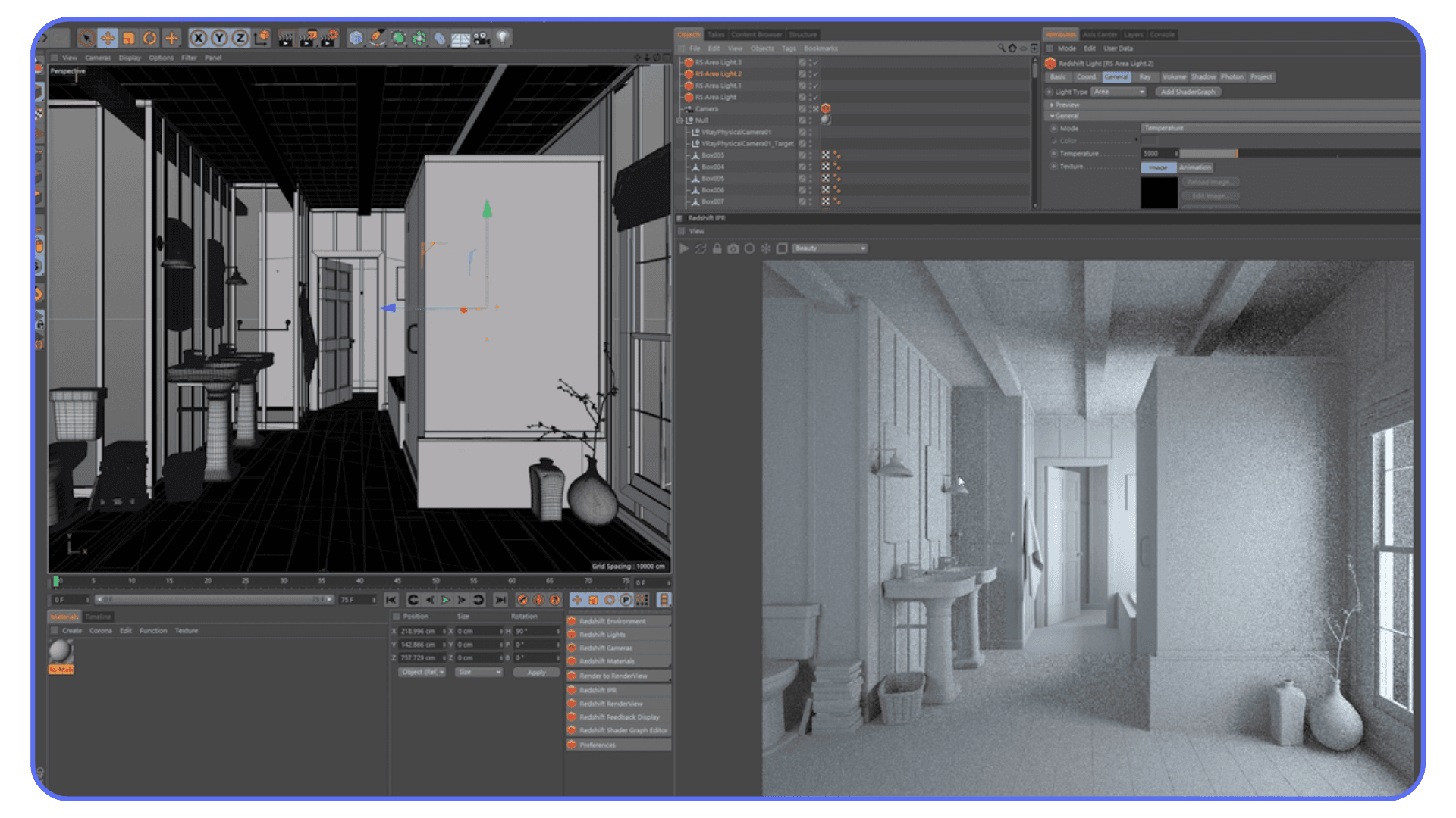 Cinema 4D interior scene showing wireframe view beside a grainy render during lighting and asset setup