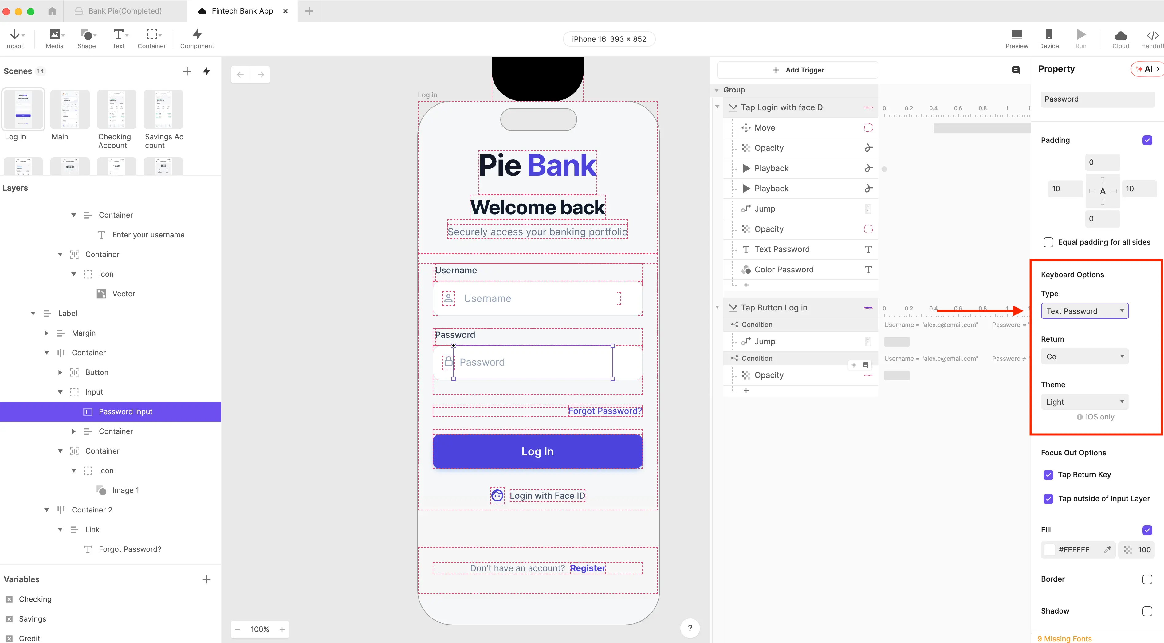 ProtoPie canvas showing the password input layer properties with Type set to Text Password to mask characters as dots