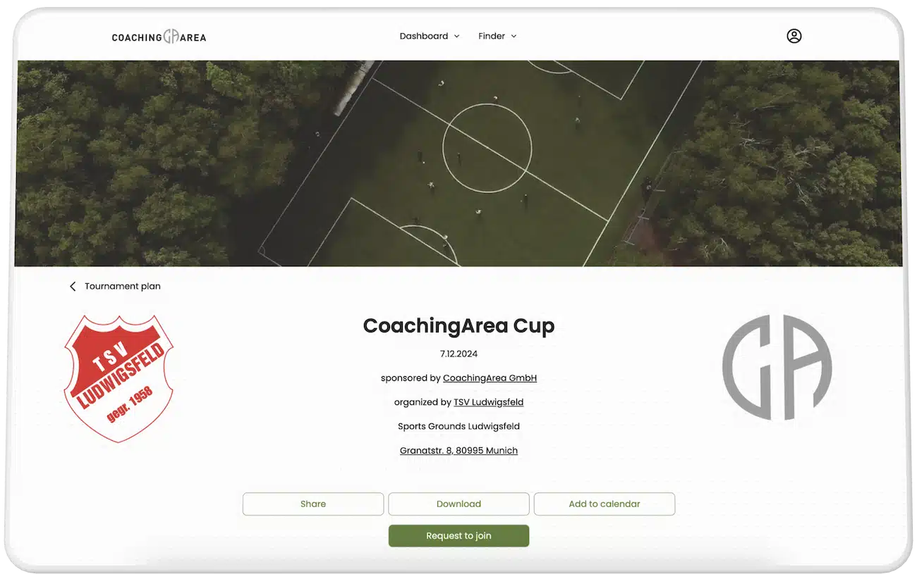 A mockup showcasing the guest page of a tournament plan for "CoachingArea Cup." The page header includes the tournament name, date, and location, along with the logos and links for the host club and the tournament sponsor. The design highlights sponsorship opportunities by prominently displaying sponsor logos to help generate leads. Ideal for showcasing a comprehensive league and tournament planning solution by CoachingArea.