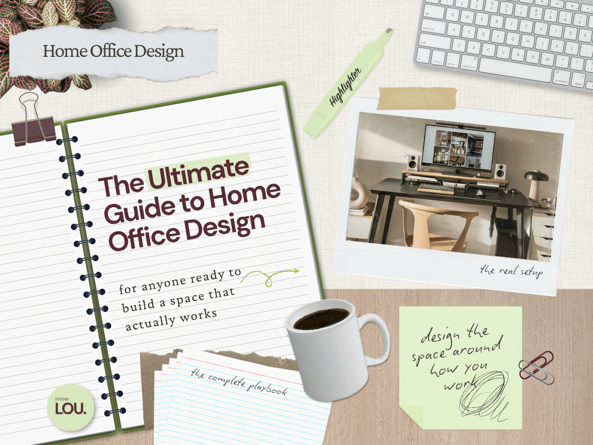Papercraft-style blog header with a spiral notebook titled The Ultimate Guide to Home Office Design, linen background with wood desk surface, polaroid photo of a styled desk with monitor, speakers, and accessories clipped with a binder clip, coffee mug, sage green sticky note, index cards, highlighter, keyboard, and plant in the corner.