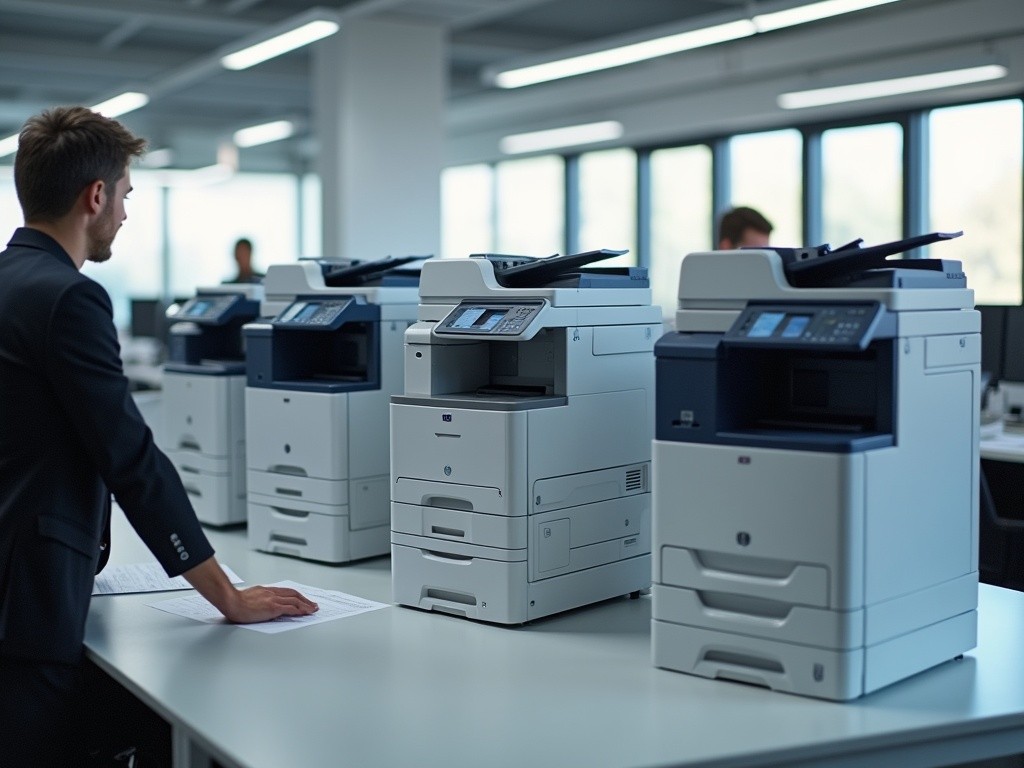 Multiple printer models (laser and multifunctional) in an active office setting, illustrating high-capacity printing and varied functionalities