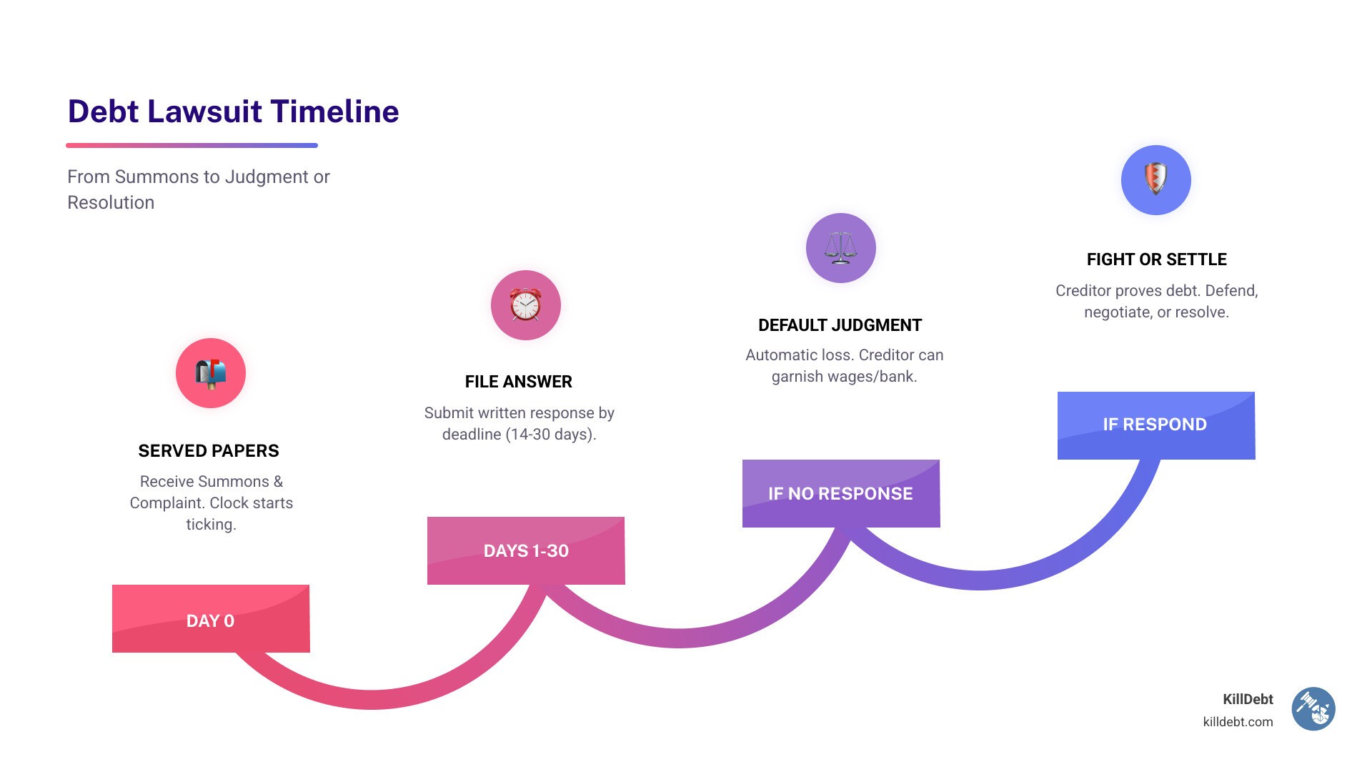 Timeline infographic from receiving a debt lawsuit summons to default judgment or resolution infographic