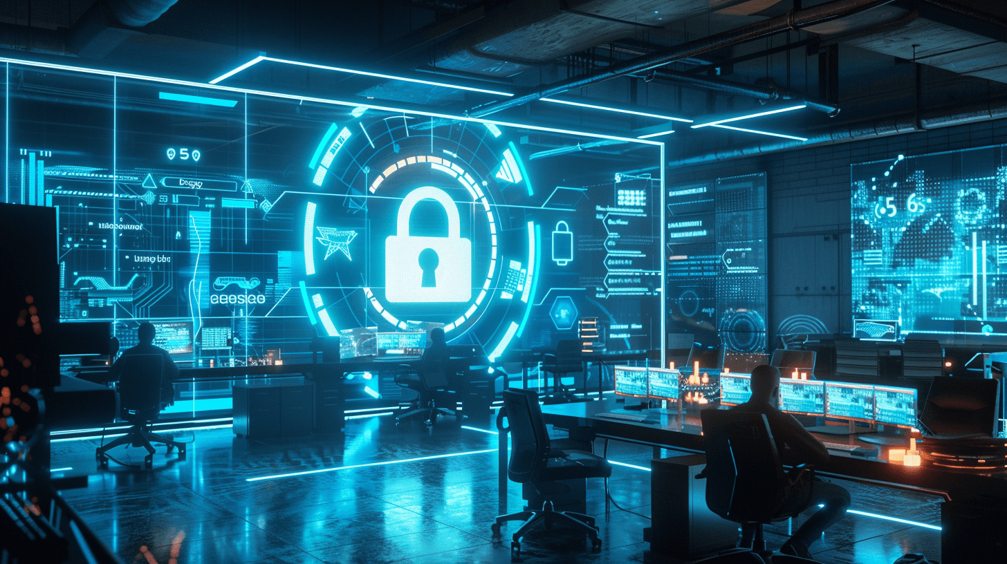 futuristic office environment where a team collaborates on cybersecurity and ISMS