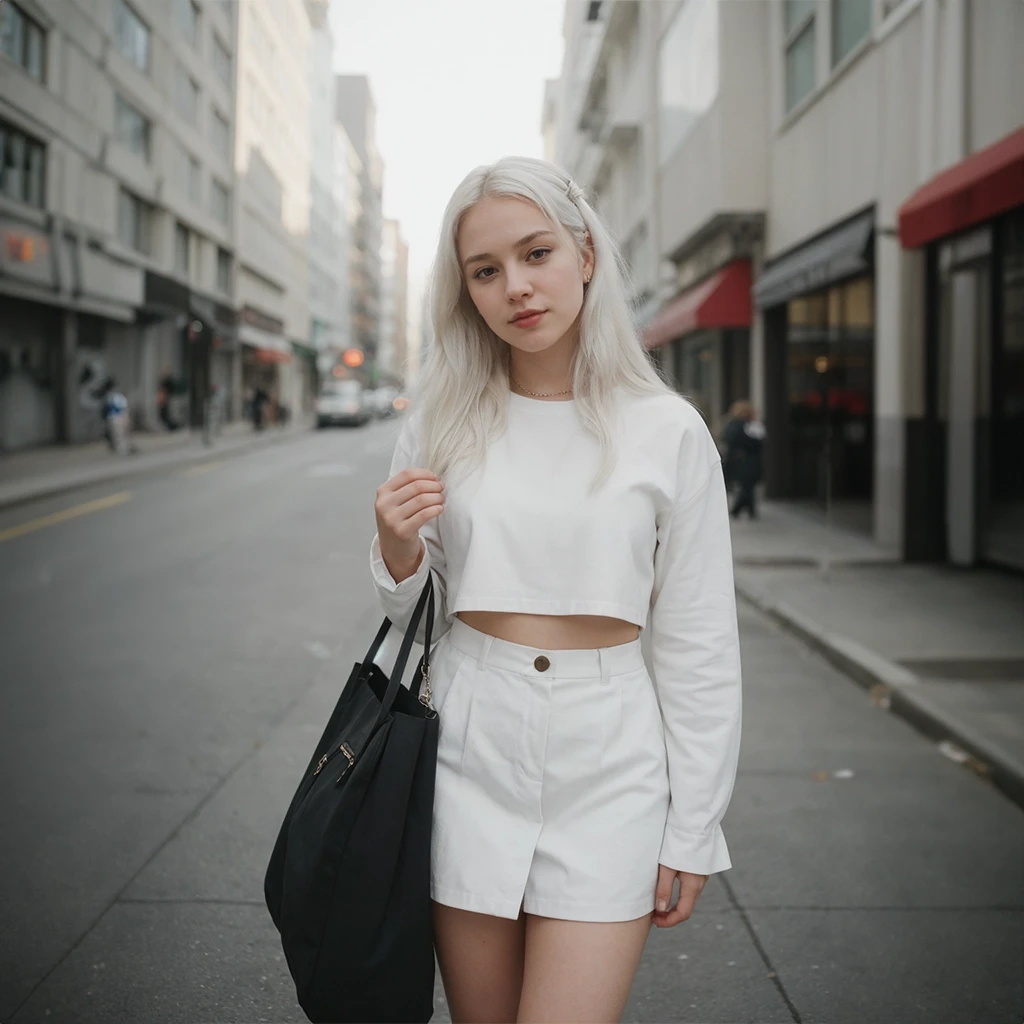 A white-haired girl wearing a white top and bottom walked along the side of the road holding a Hermes bag. AI Fashion Model. Modiqlo