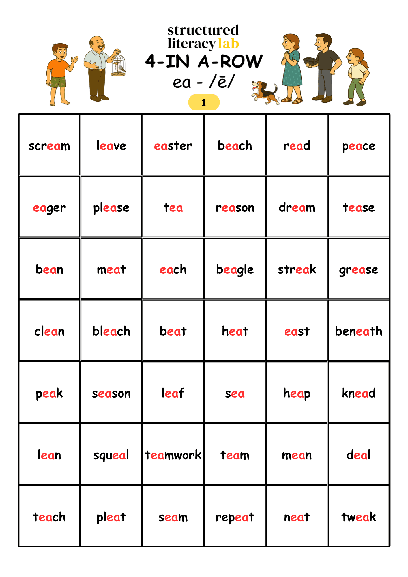 Printable ea spelling 4 in a row game included with Easter Hunt at the Beach.