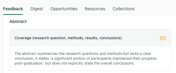 thesify abstract feedback showing incomplete coverage of research question, methods, results, and conclusion