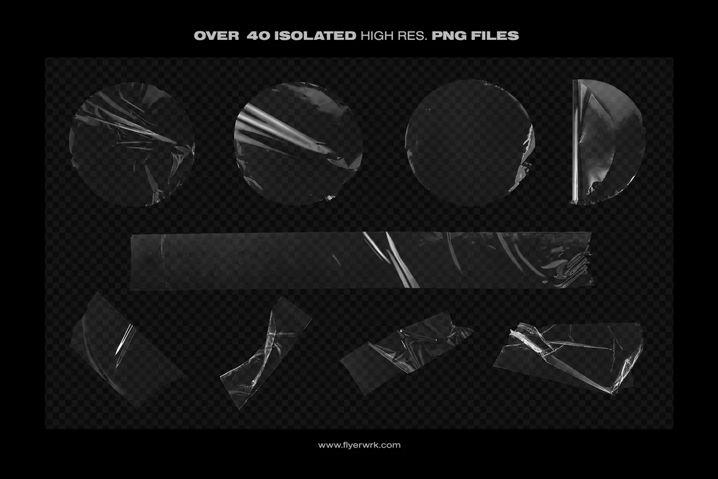 Circular sticker and adhesive tape style plastic wrap textures with realistic transparent wrinkles and creases