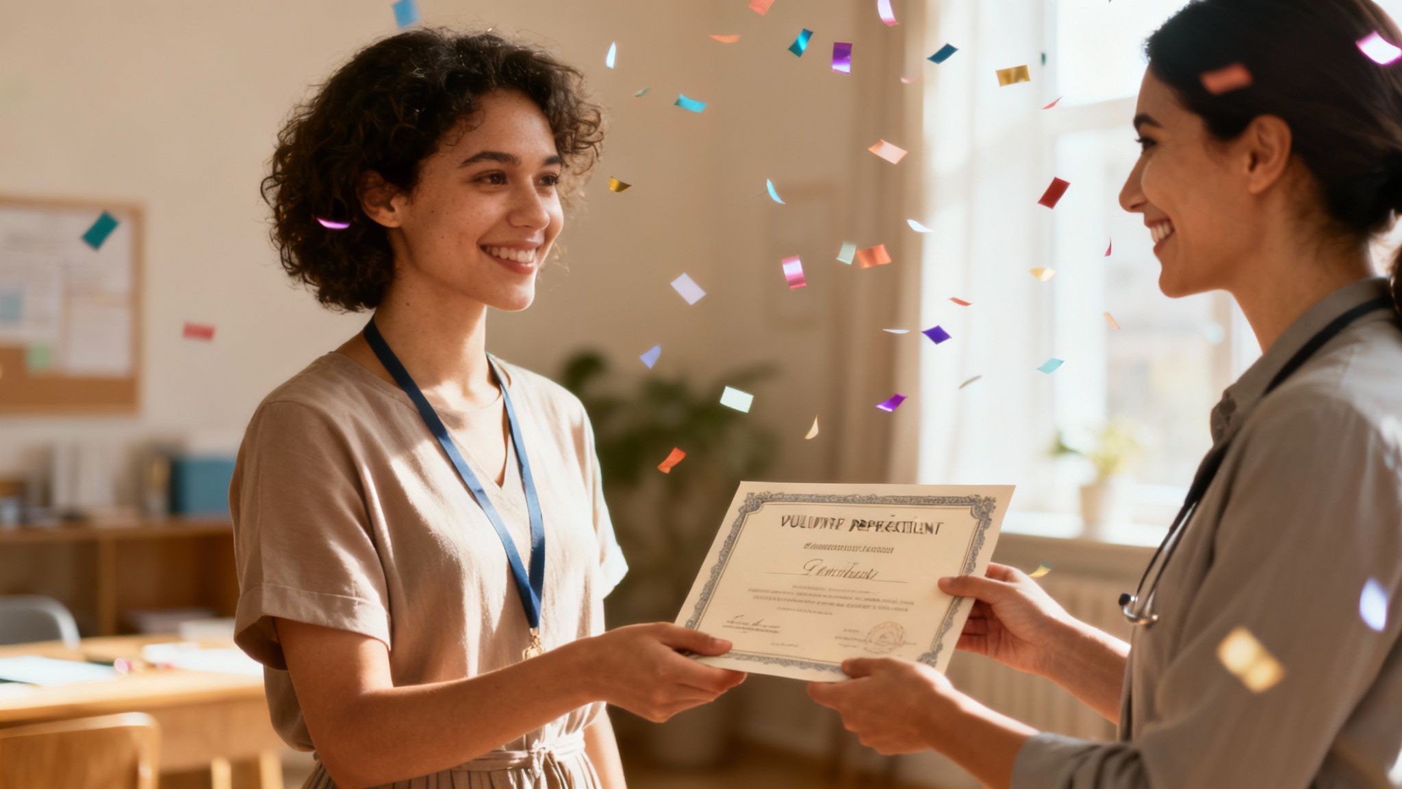 Volunteers being appreciated at a church event, smiling and receiving thanks.