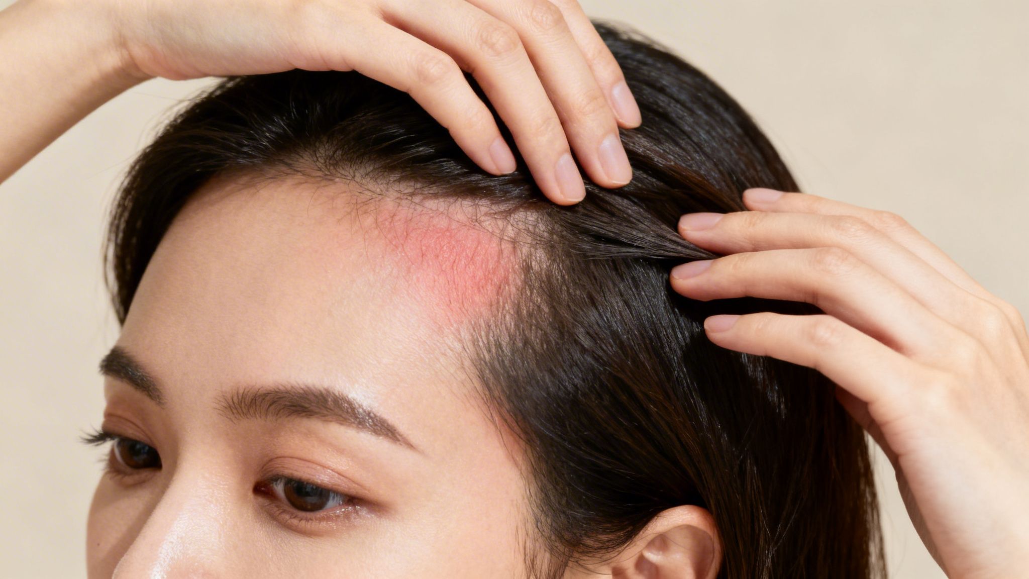 Close-up of a person's hands parting dark hair to reveal a red, irritated scalp.