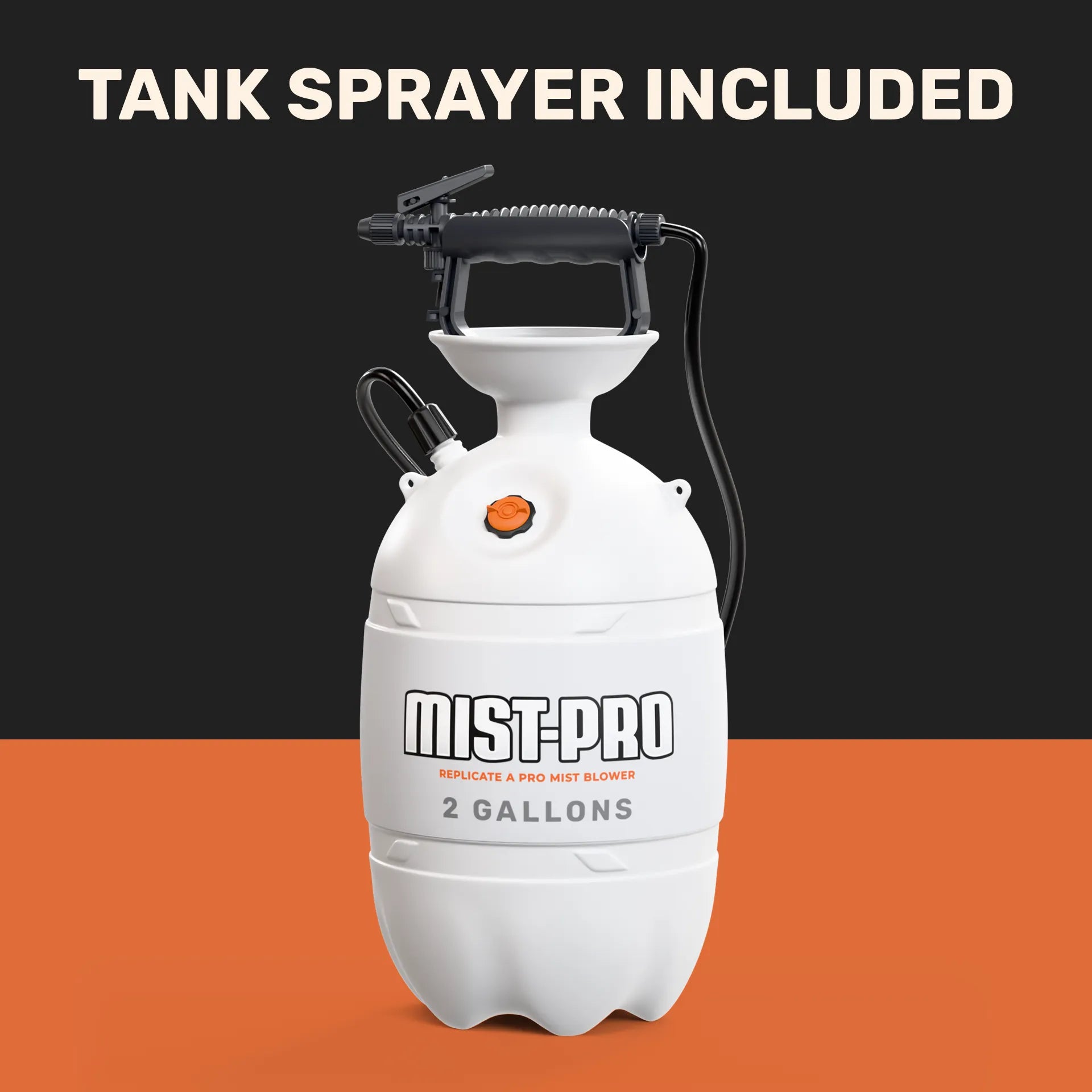 White tank sprayer with 'MIST-PRO' branding on an orange and black background