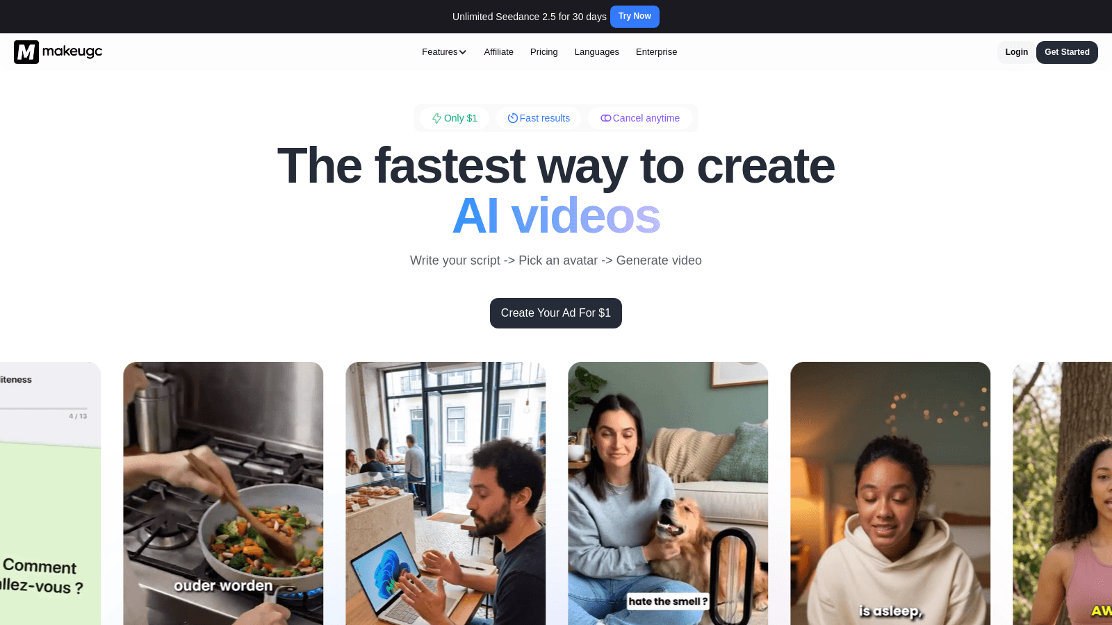 MakeUGC landing page featuring AI video generation marketing text and examples of AI-generated content.