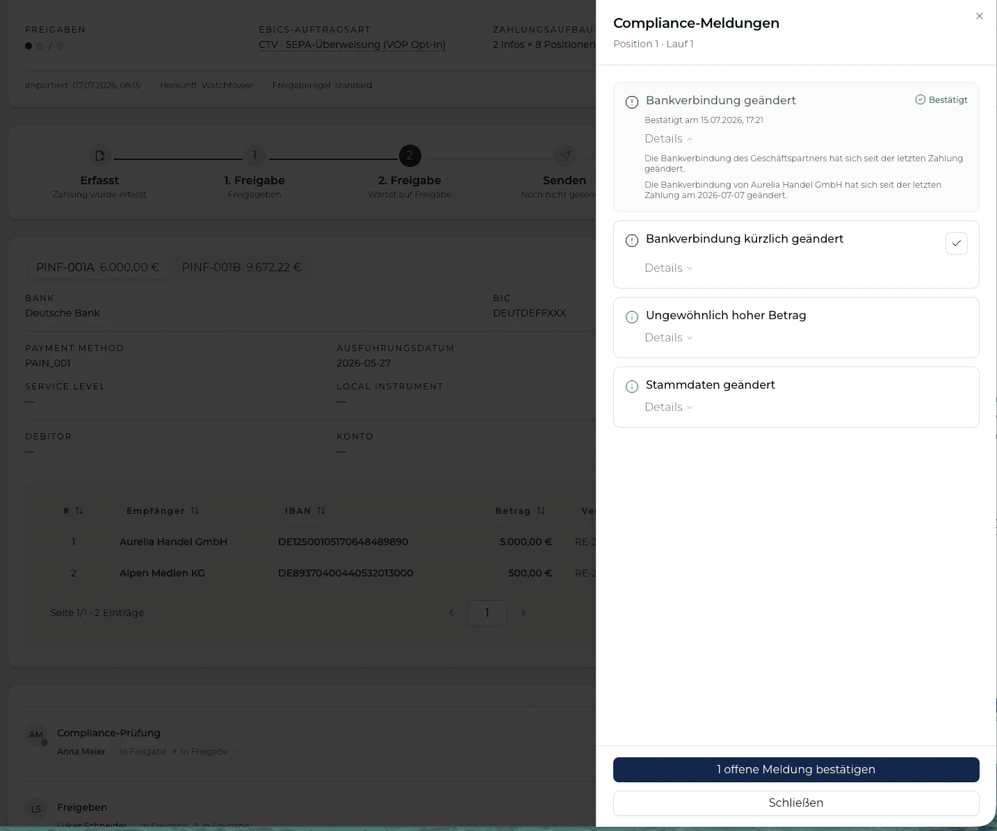 Freigabemaske im Banking Connector mit Compliance-Meldungen: Bankverbindung geändert, kürzlich geändert, hoher Betrag, Stammdaten geändert