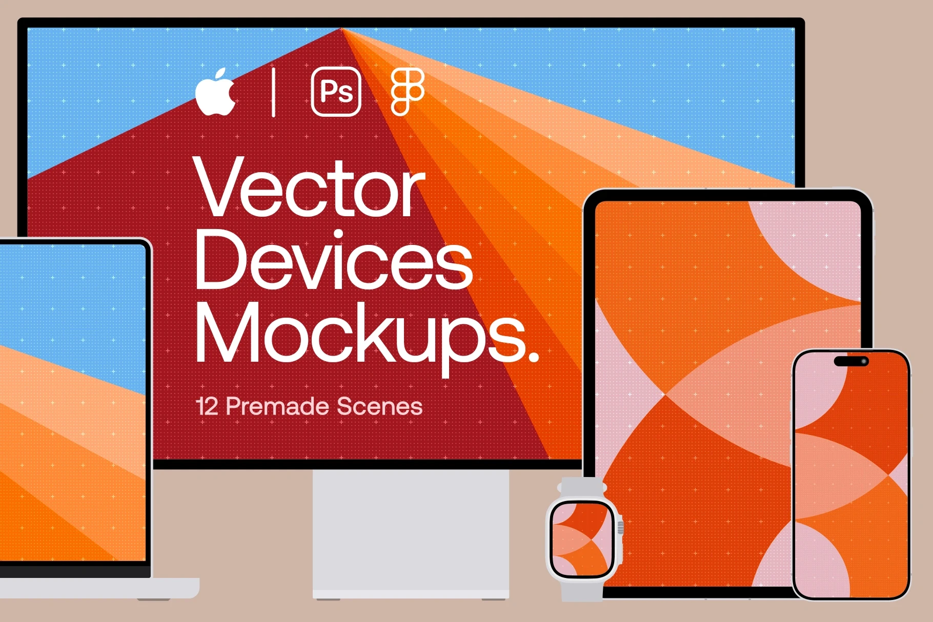 Apple devices vector mockups showcasing Pro Display XDR, iPhone, iPad, and Apple Watch in modern layouts.