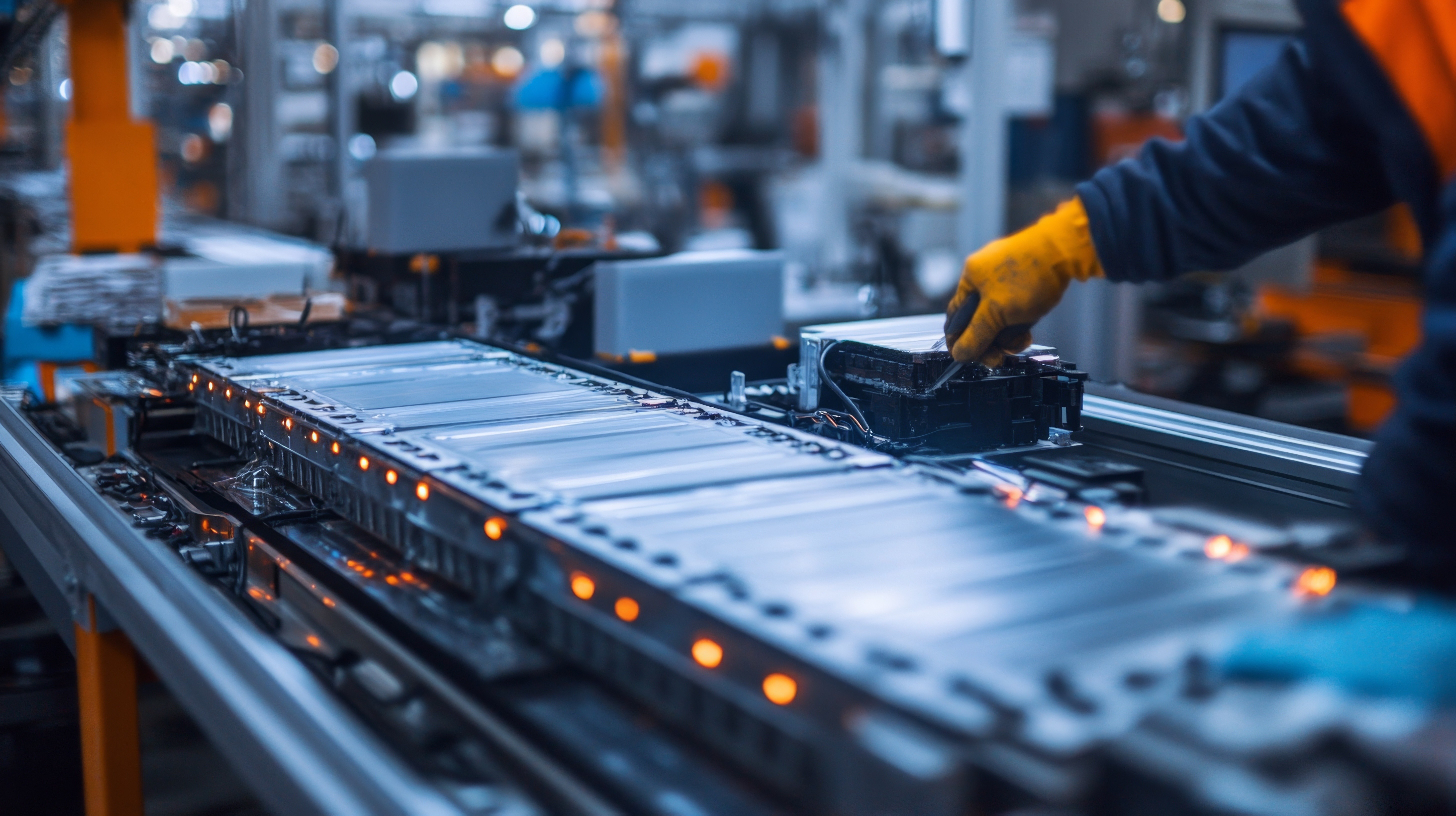 Technicians assembling electric vehicle batteries.