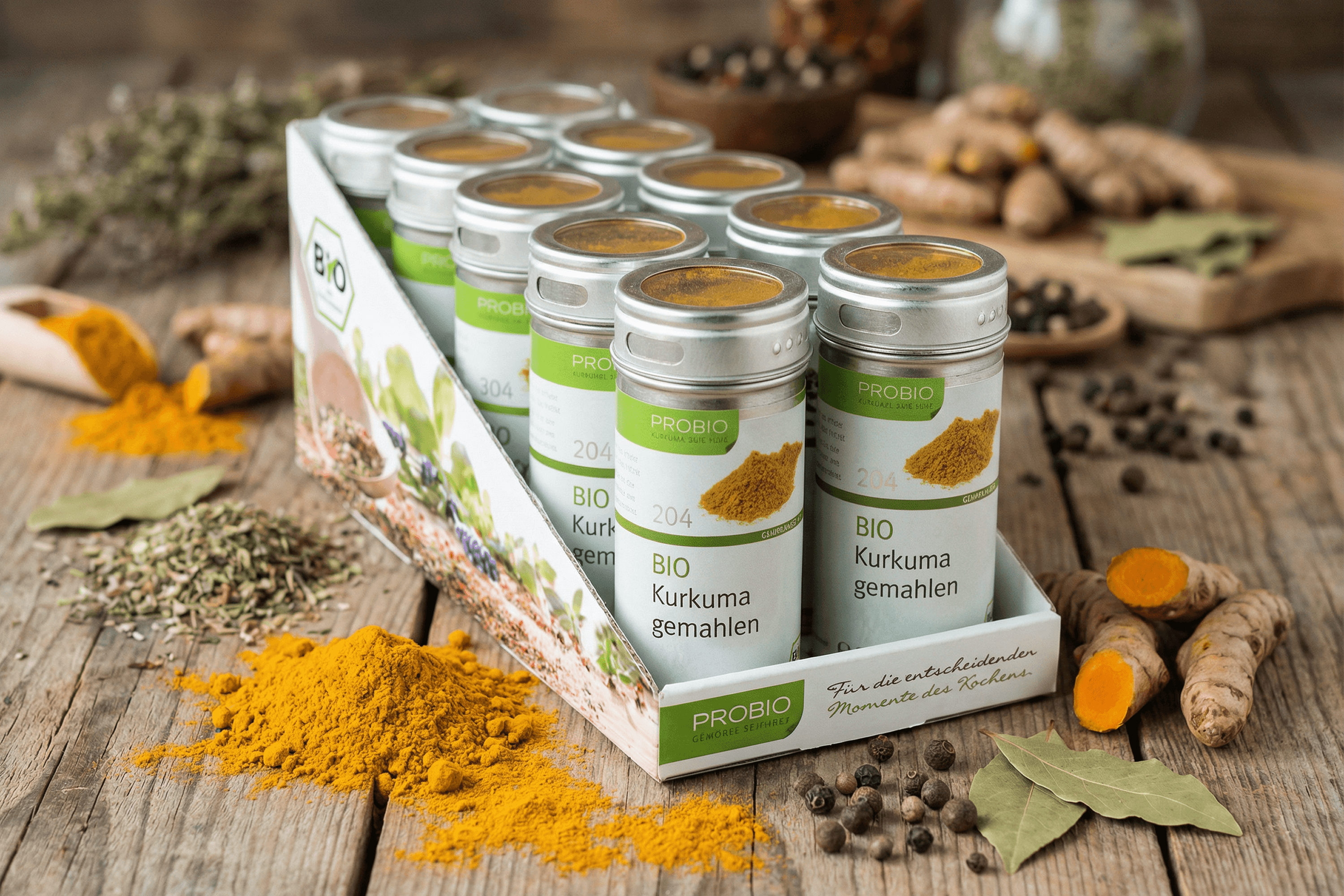 Probio BIO ground turmeric tins and ingredients.