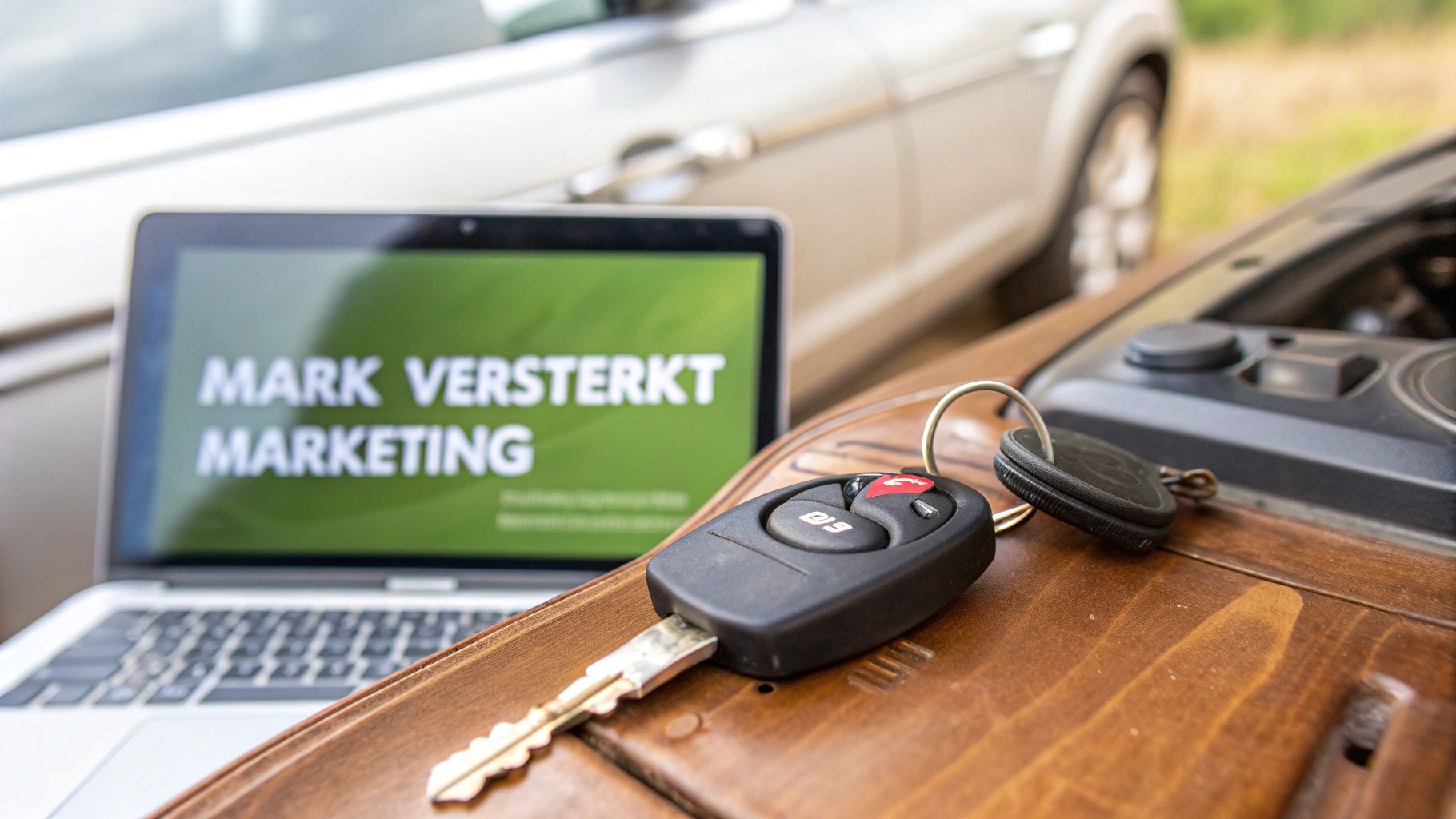 Een laptop met 'MARK VERSTERKT MARKETING' op het scherm, naast een autosleutel op een houten dashboard.