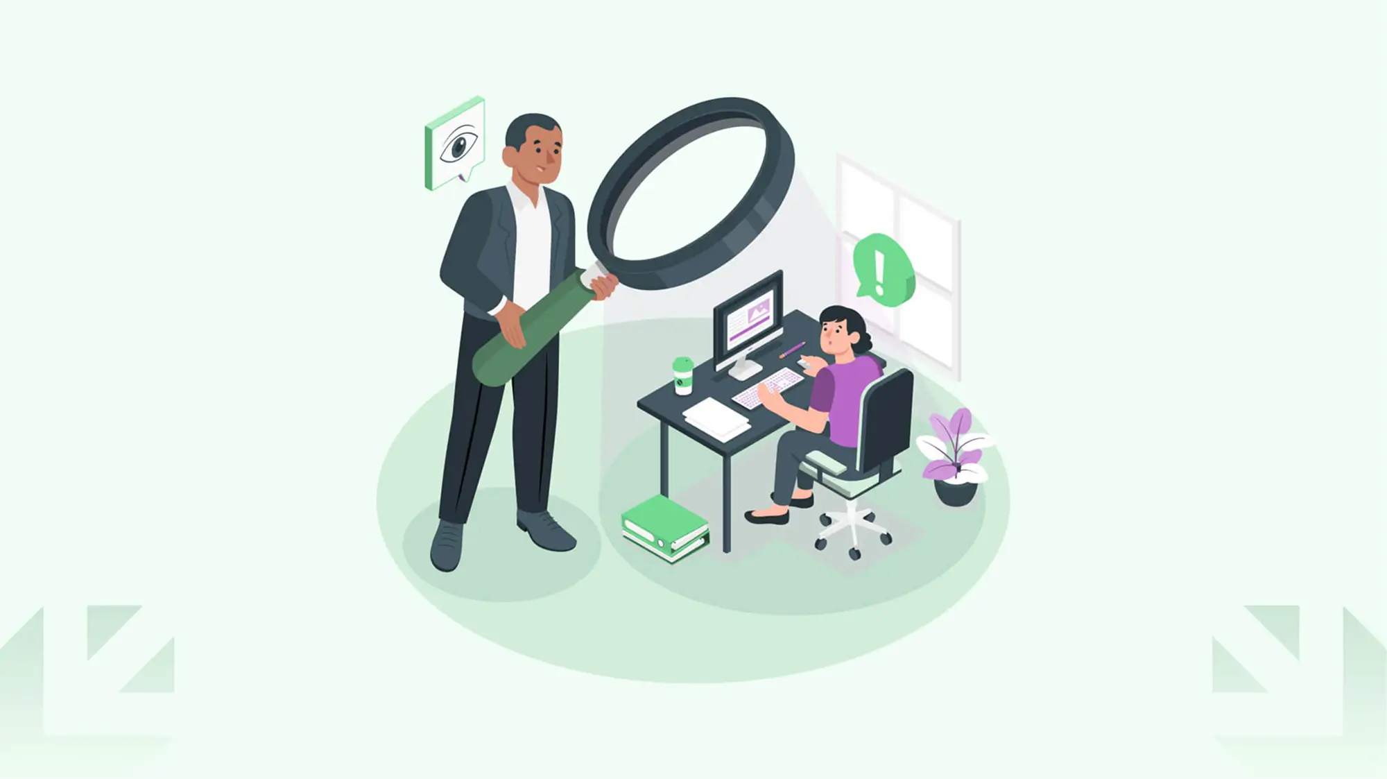 Person examining designer at desk with magnifying glass
