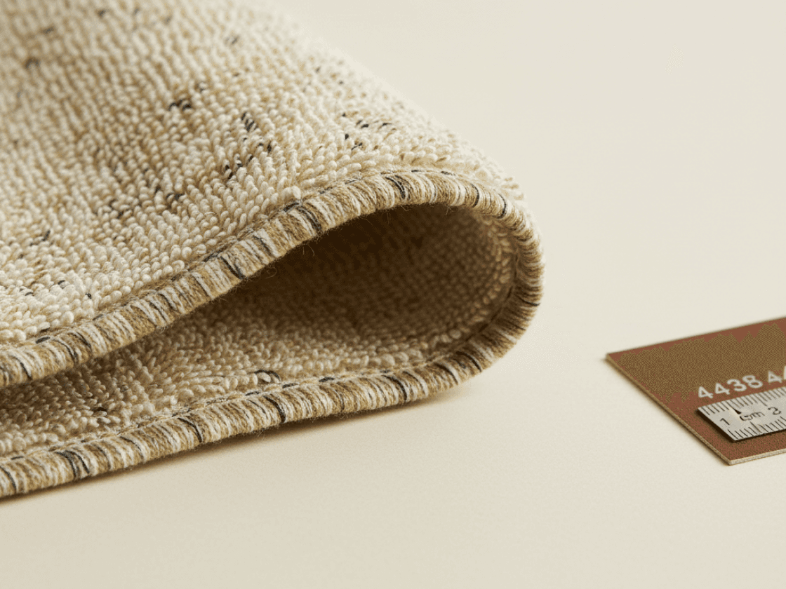 Close-up of terry towel fabric edge showing loop pile thickness beside a tape measure, illustrating GSM fabric weight