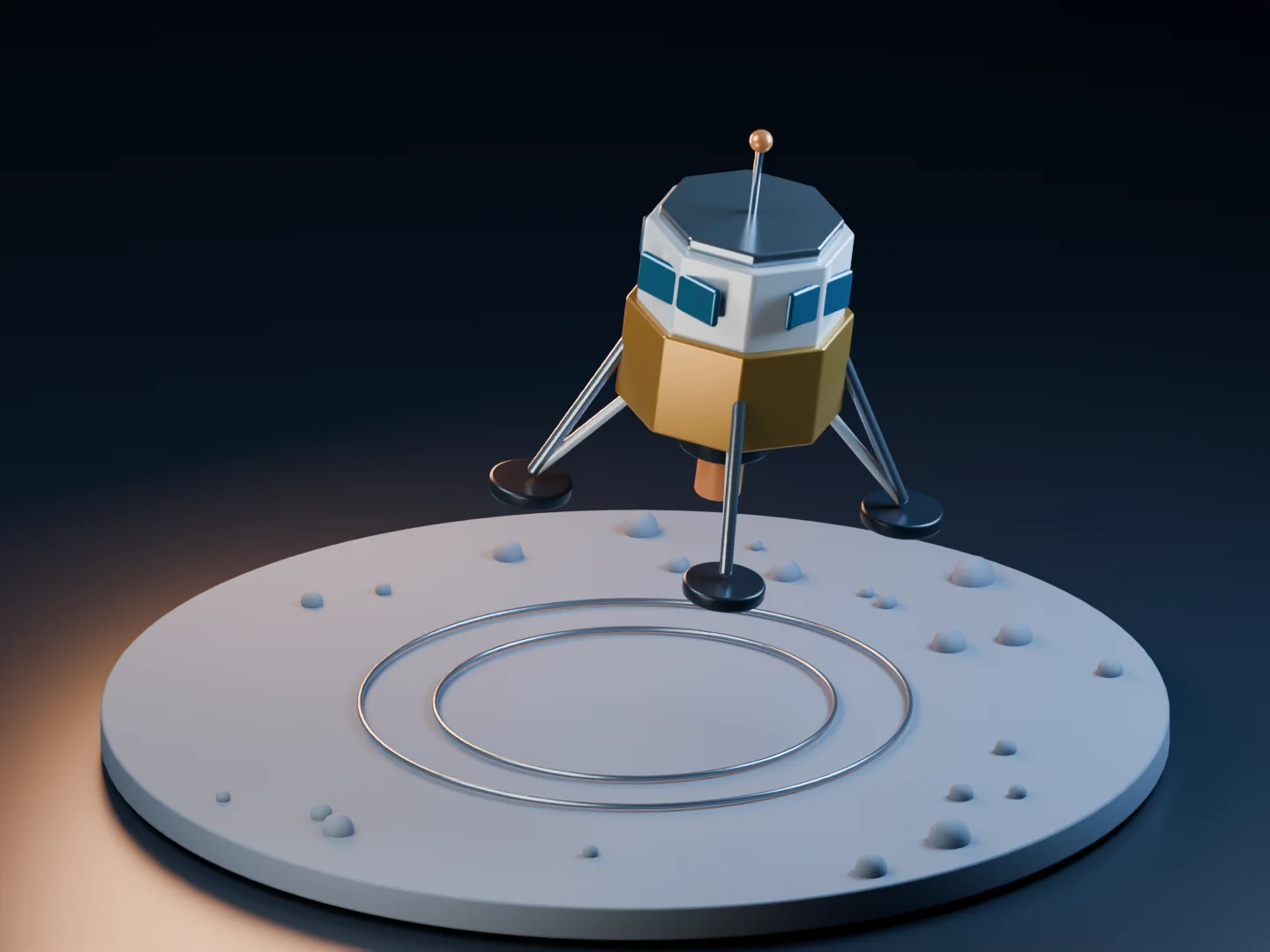Original Blender lander concept descending toward a marked surface, illustrating educational landing mechanics.