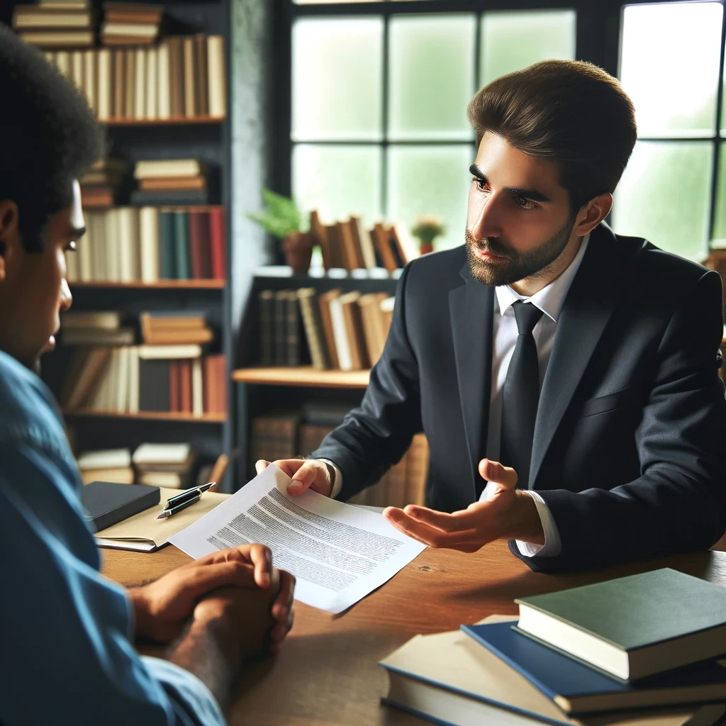 Asylum lawyer providing guidance to a client in a welcoming office, symbolizing professional support and reassurance for individuals seeking asylum.