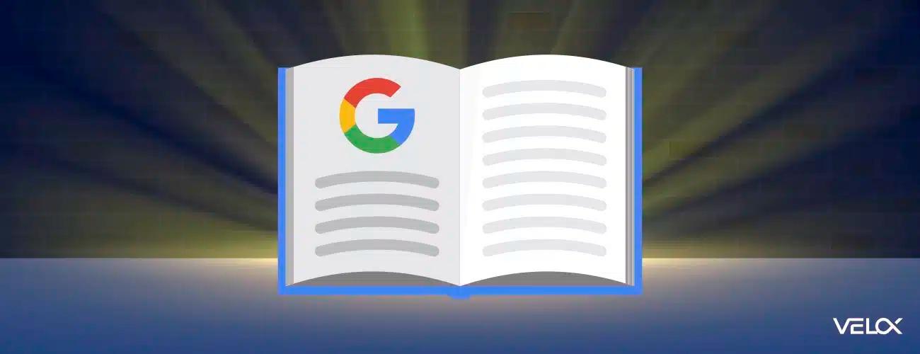 A graphic displaying an open 3D book with theh Google logo on the first page