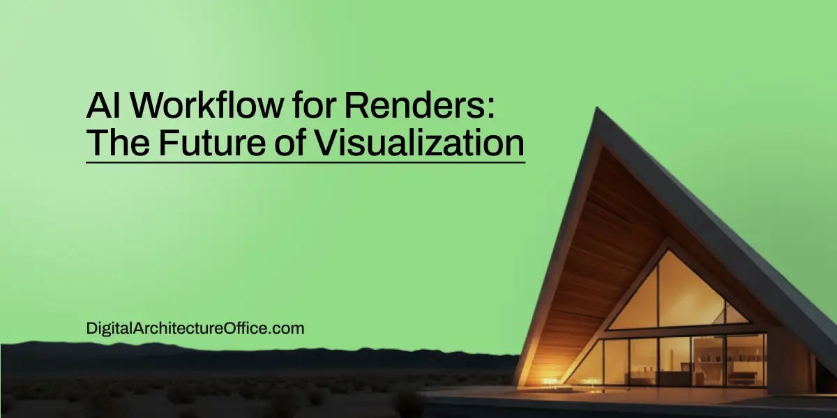 Immagine con sfondo verde che mostra una casa moderna triangolare illuminata di notte nel deserto, accompagnata dal testo: 'AI Workflow for Renders: The Future of Visualization'. In basso è visibile il sito web DigitalArchitectureOffice.com.