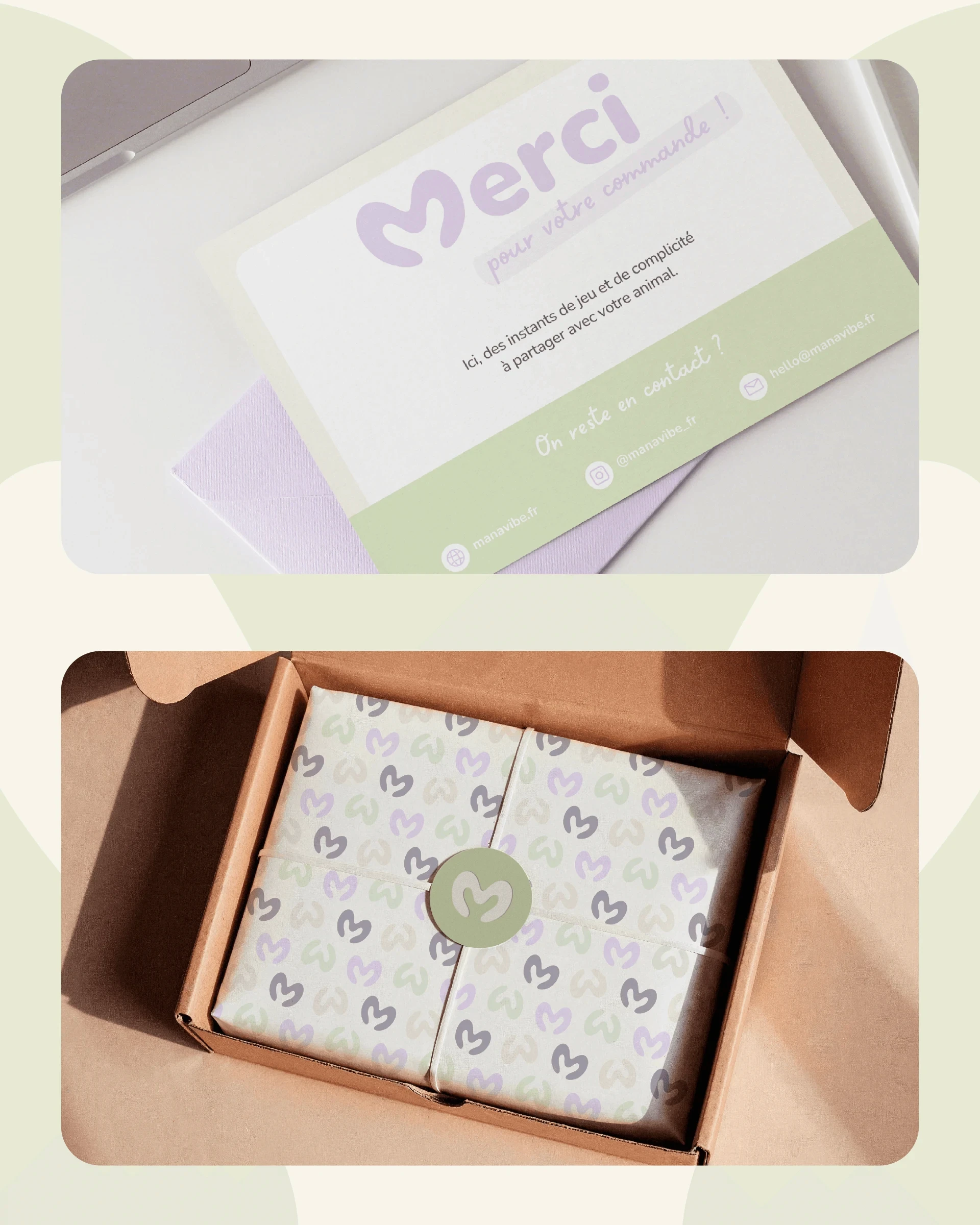 Carte de remerciement réalisée pour Manavibe, boutique en ligne spécialisée pour les chiens et chats