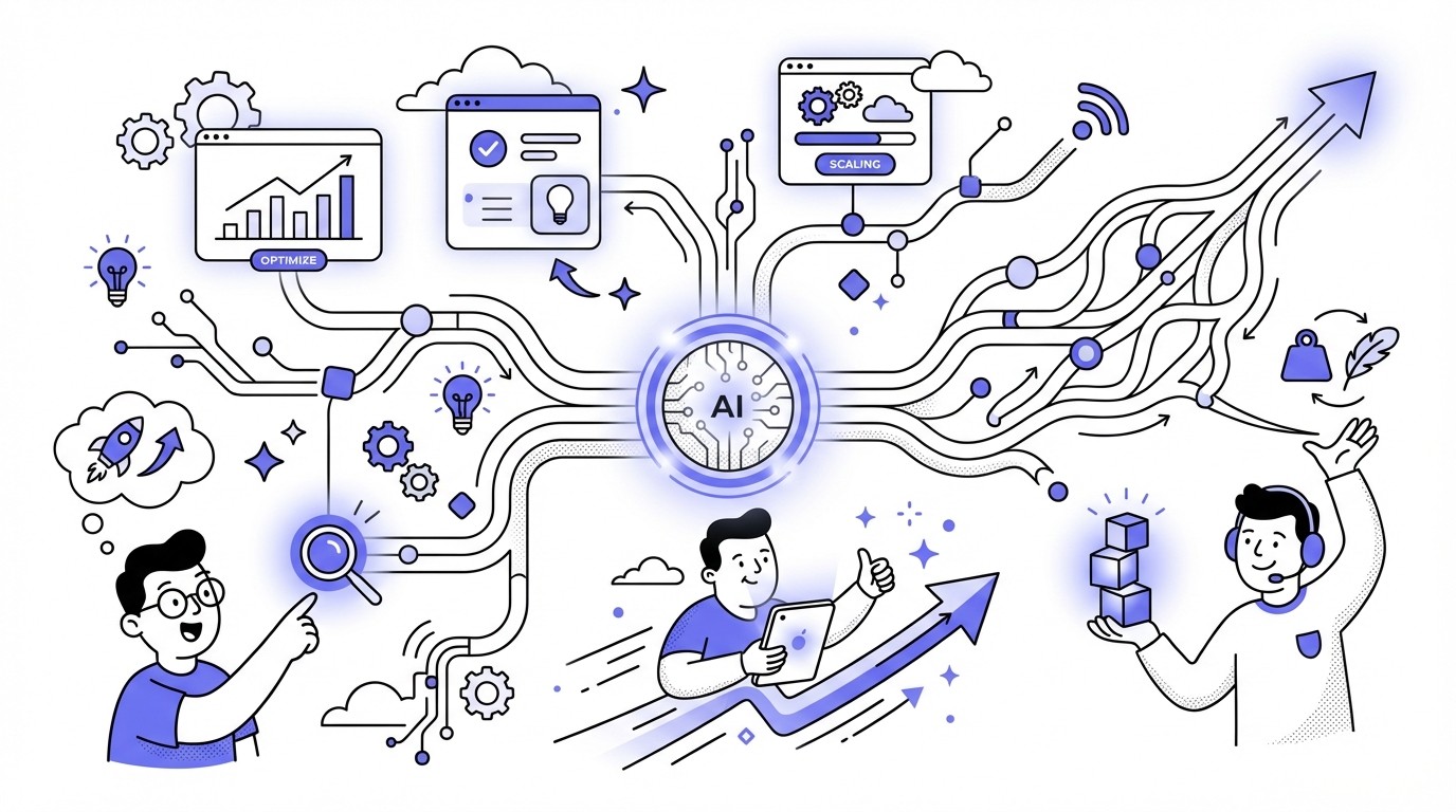 Abstract illustration showing a glowing AI core emitting streamlined data pathways that expand into an efficient, upward-trending neural network, symbolizing scalable growth with optimized resources.