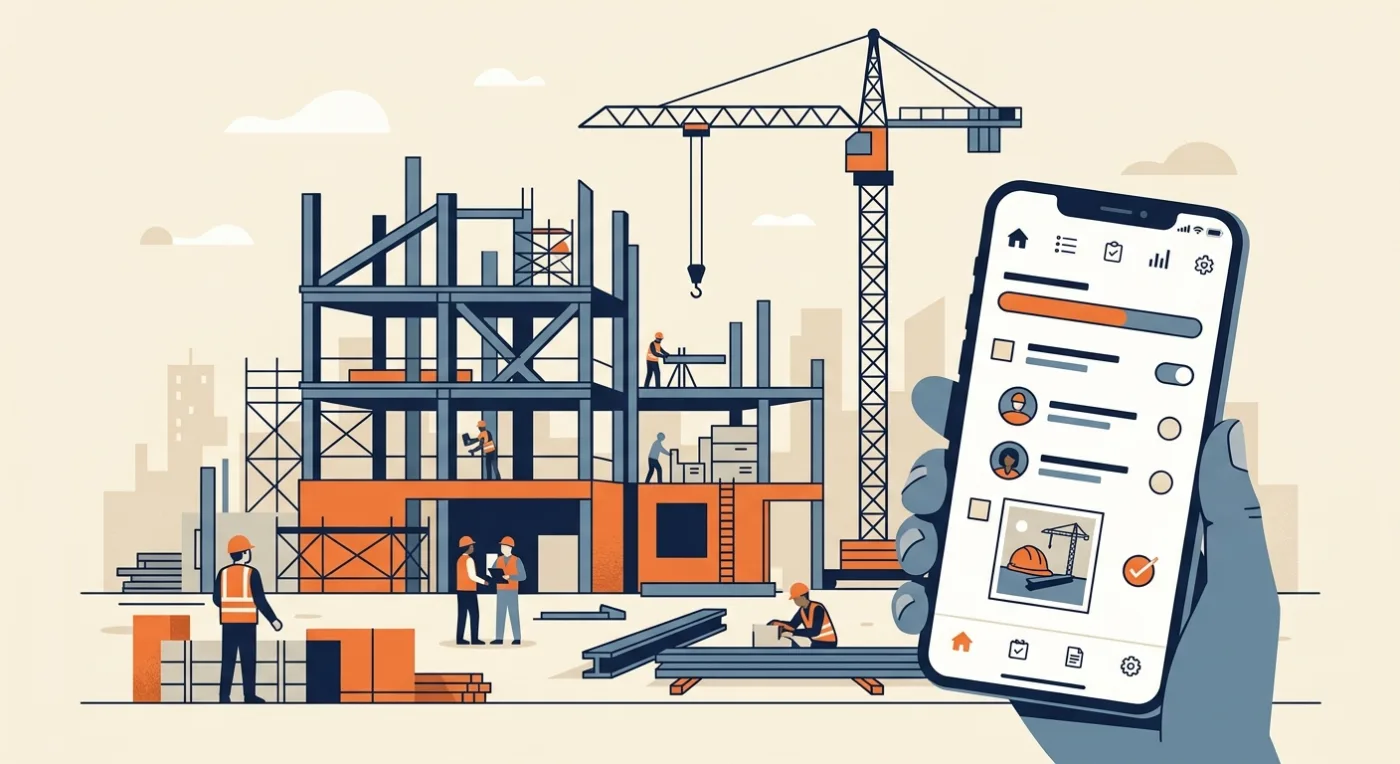 Illustration of a construction site with a smartphone showing a mobile app for a construction company