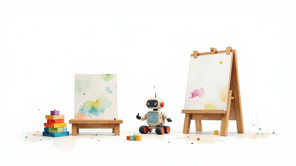 A cute robot stands between two easels with watercolor paintings and colorful building blocks.