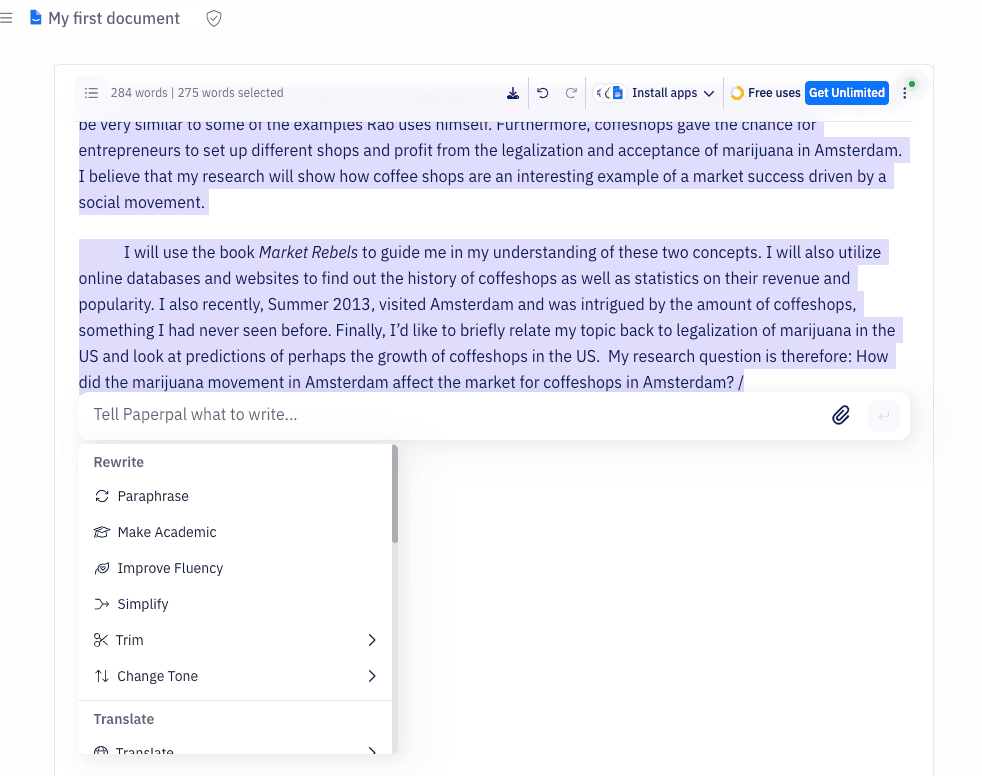 Paperpal Rewrite feature showing multiple text generation output options