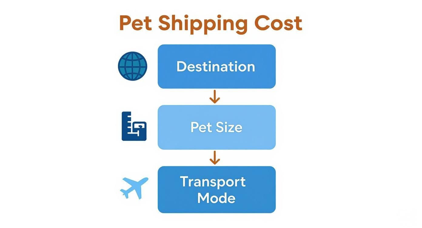 Flowchart illustrating pet shipping cost factors: destination, pet size, and transport mode.