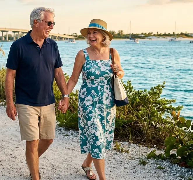 older couple walking along bradenton, fl riverwalk