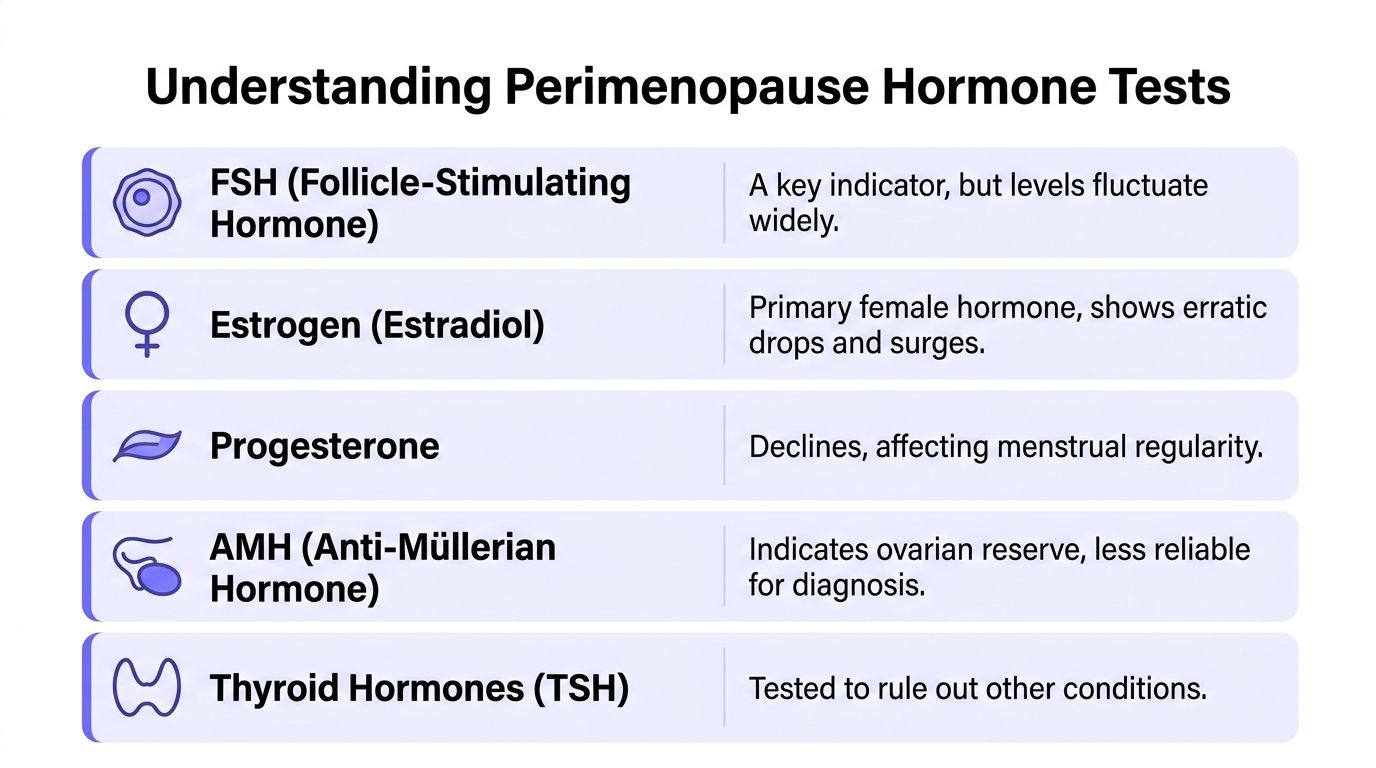 A chart listing common hormone tests used to help evaluate and understand symptoms of perimenopause in women.