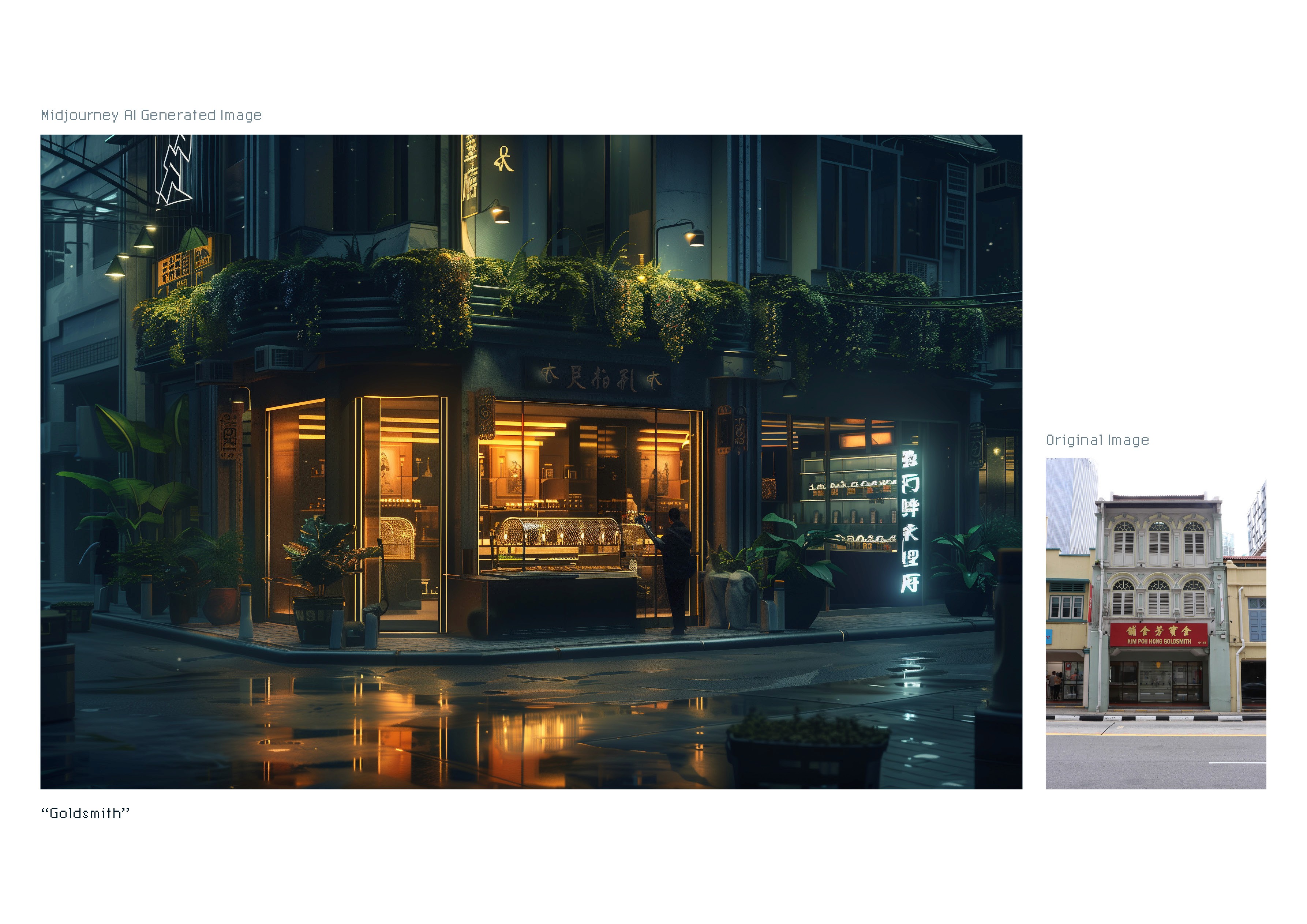 A night shot of a glowing storefront