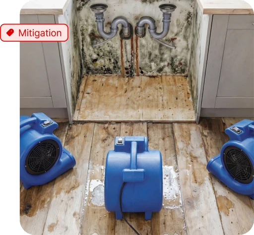 Water damage drying equipment blue air movers with mitigation tag