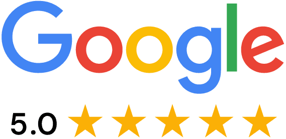 Google logo with five gold stars and a 5.0 rating, showing top customer reviews.