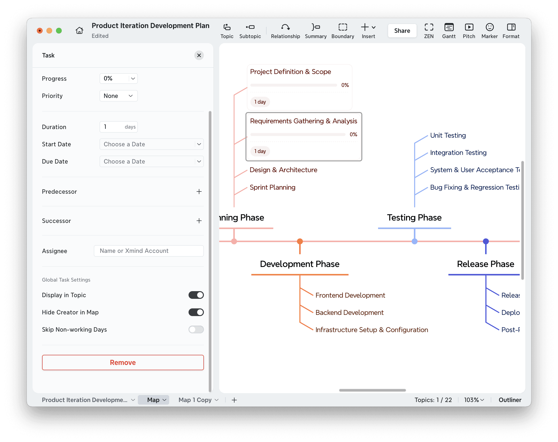 Project management task overview with timeline and details